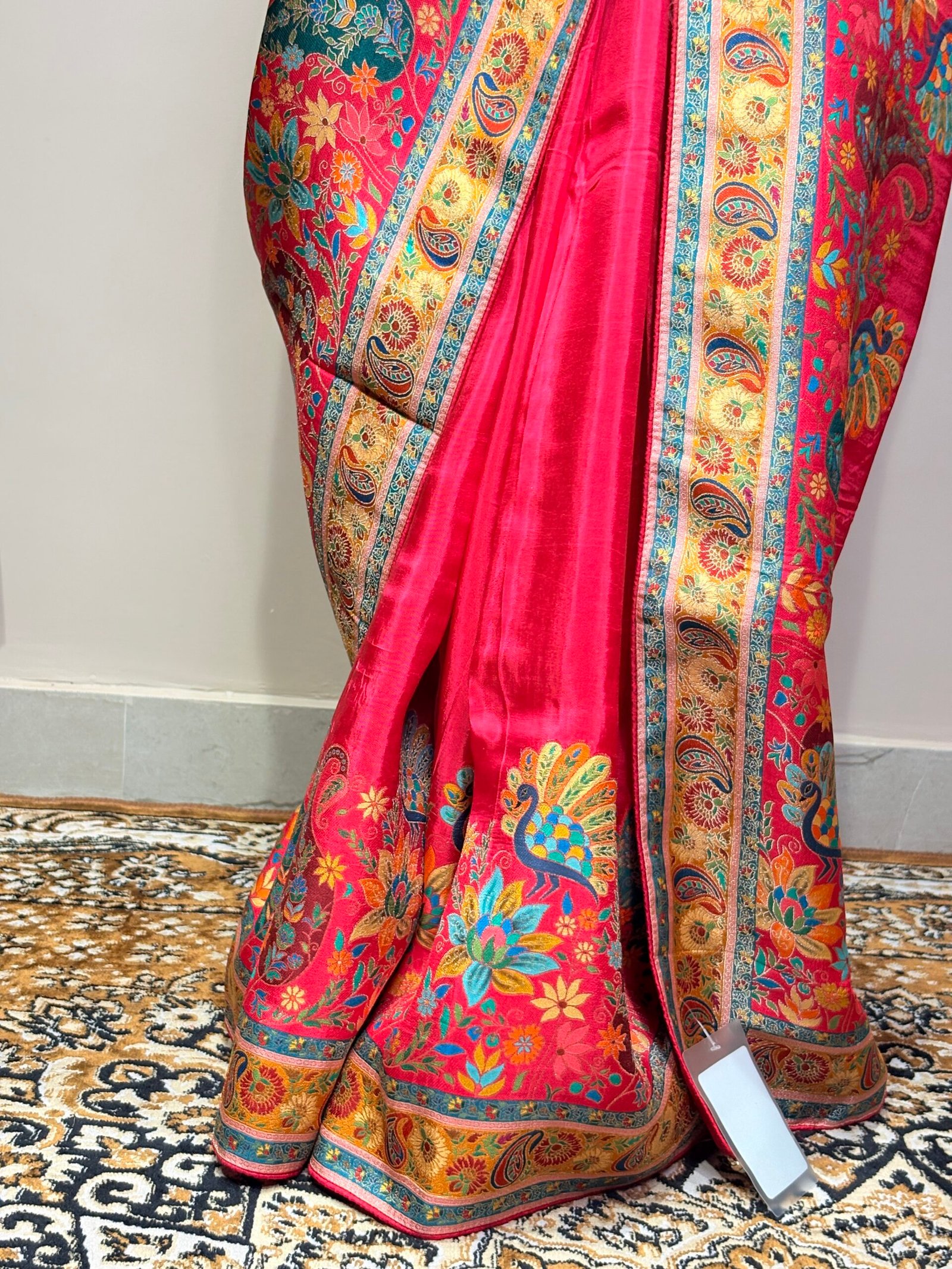 Rani Pink Pashmina Saree with Kashmiri Print & Traditional Paisley Border - Image 3