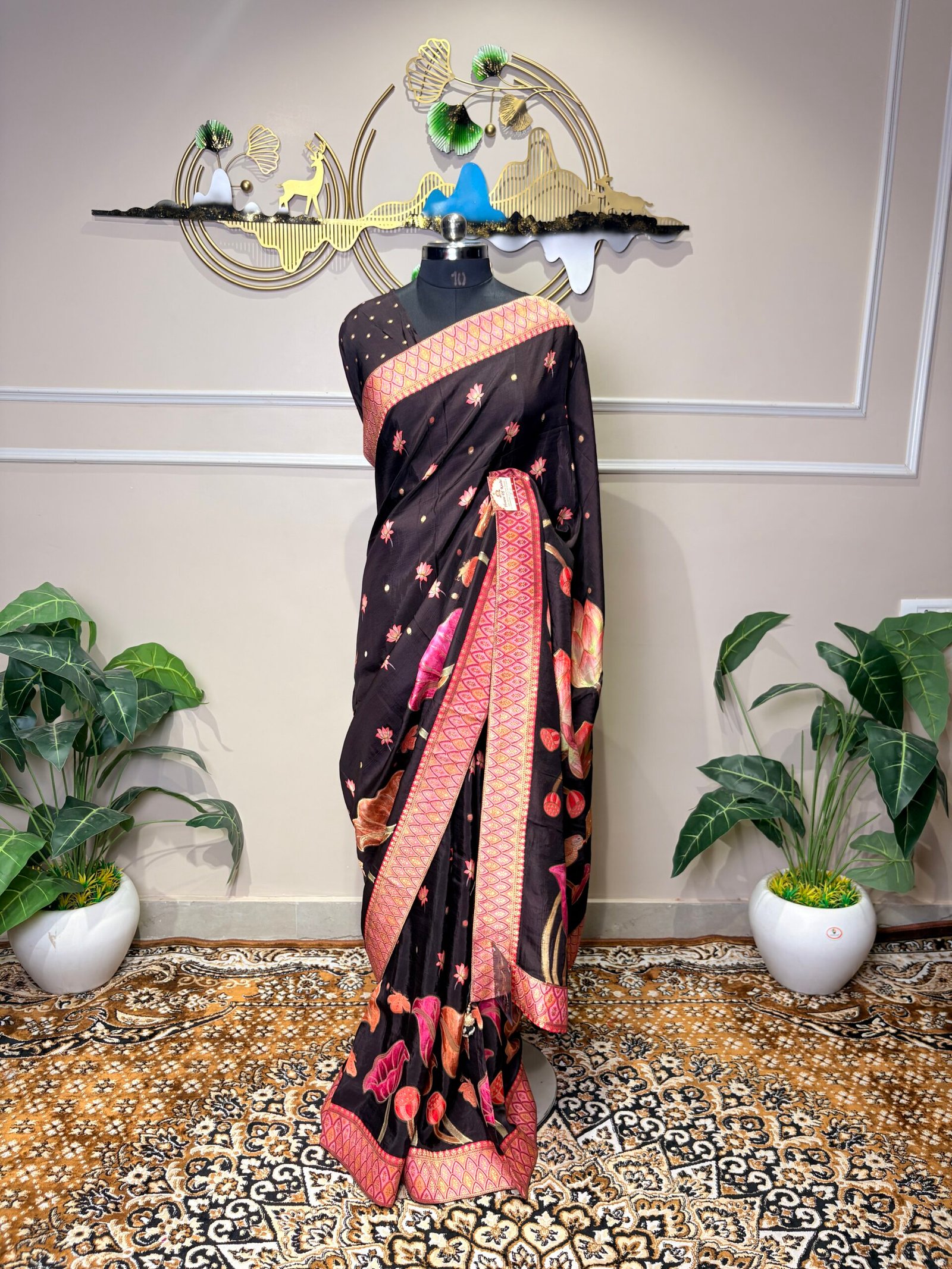 Black Pashmina Saree with Pink Floral Print - Image 4