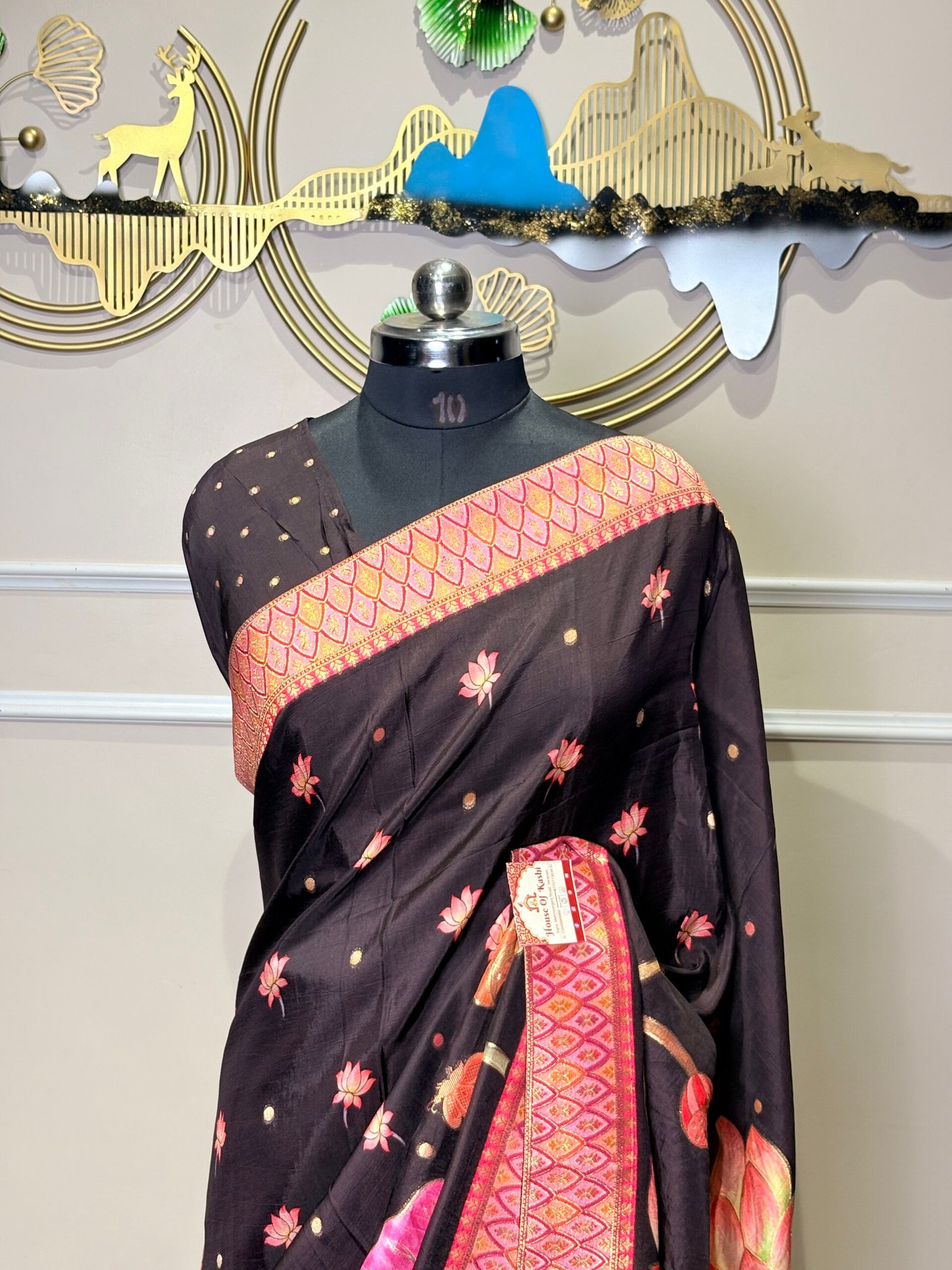 Black Pashmina Saree with Pink Floral Print - Image 2