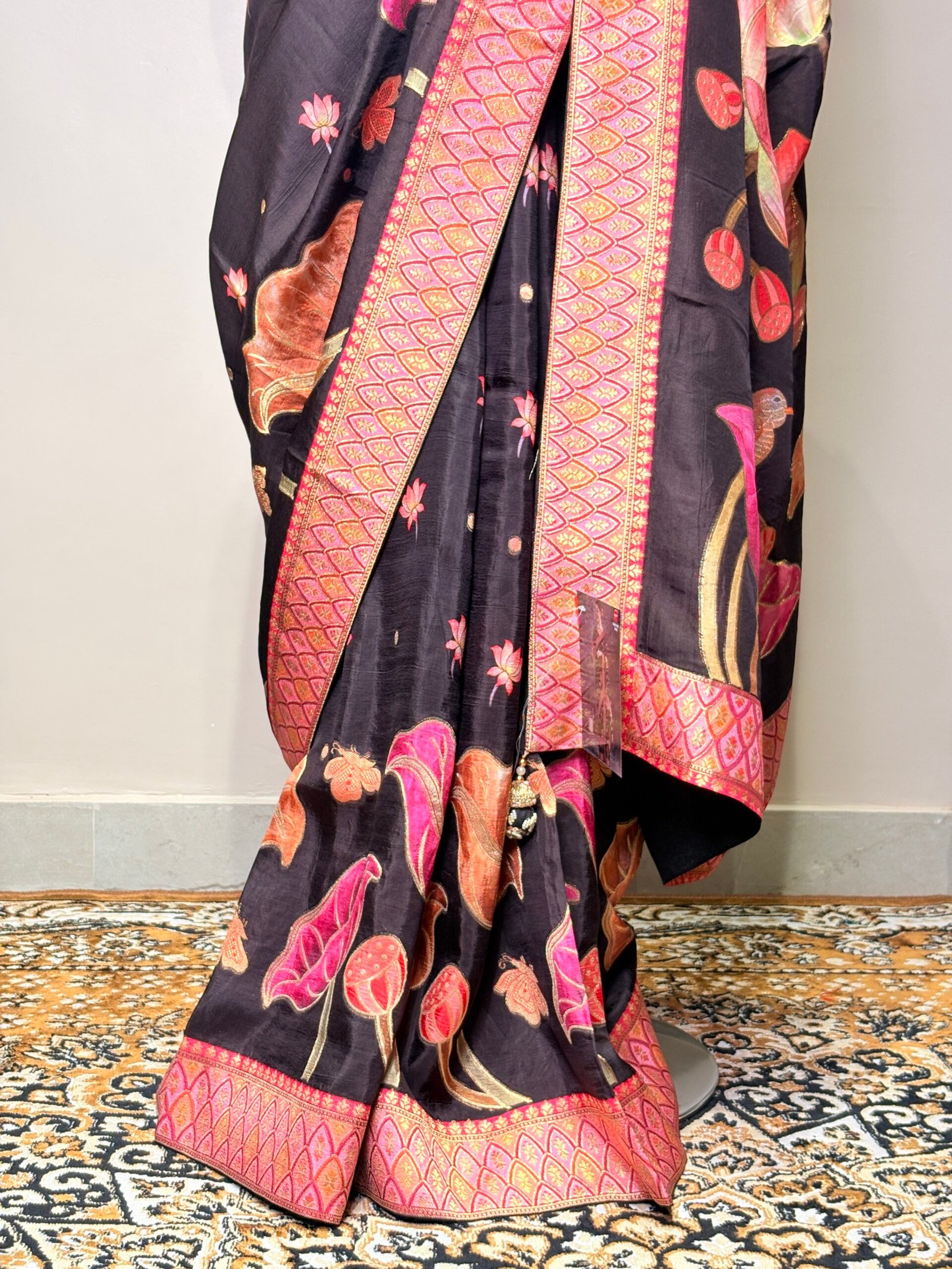 Black Pashmina Saree with Pink Floral Print - Image 3