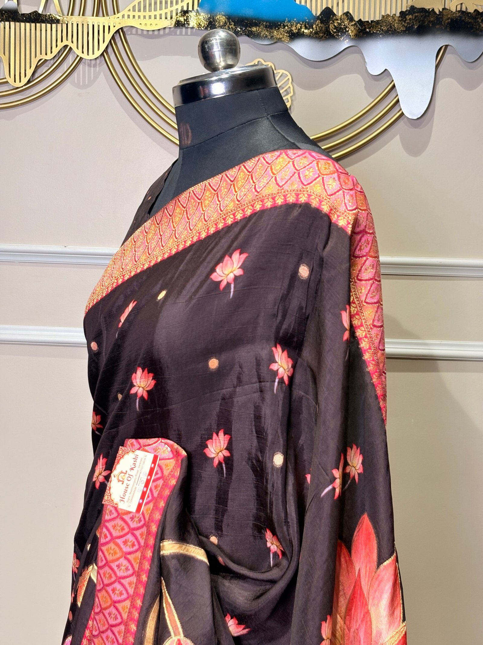 Black Pashmina Saree with Pink Floral Print - Image 6