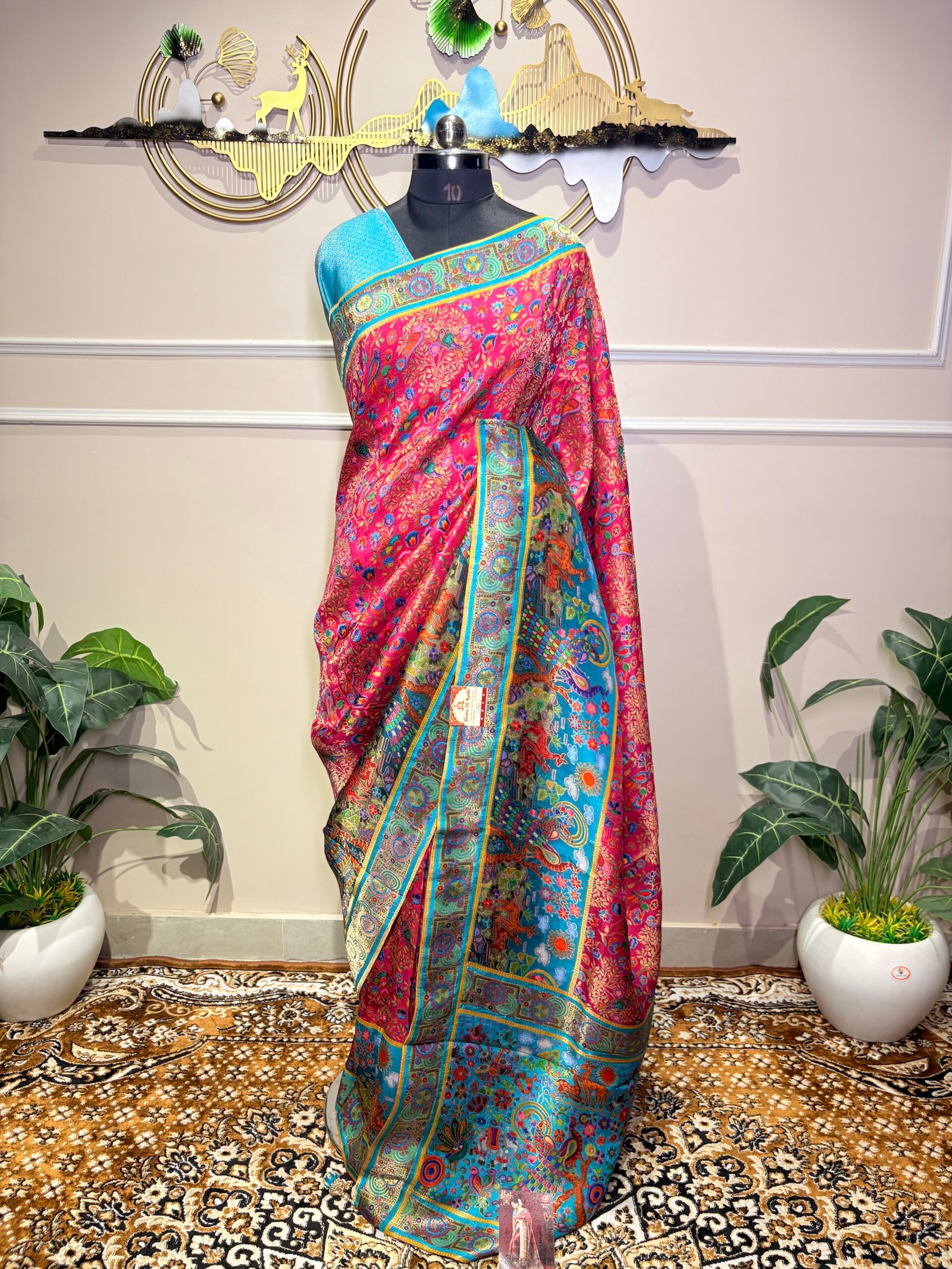 Premium Pink & Turquoise Pashmina Silk Saree - Image 2
