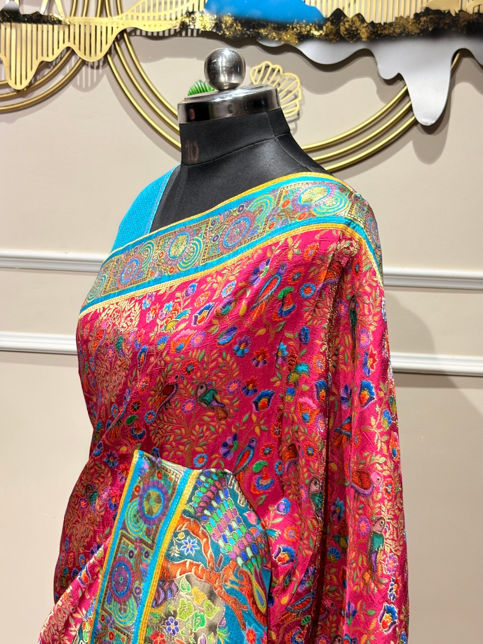 Premium Pink & Turquoise Pashmina Silk Saree - Image 5