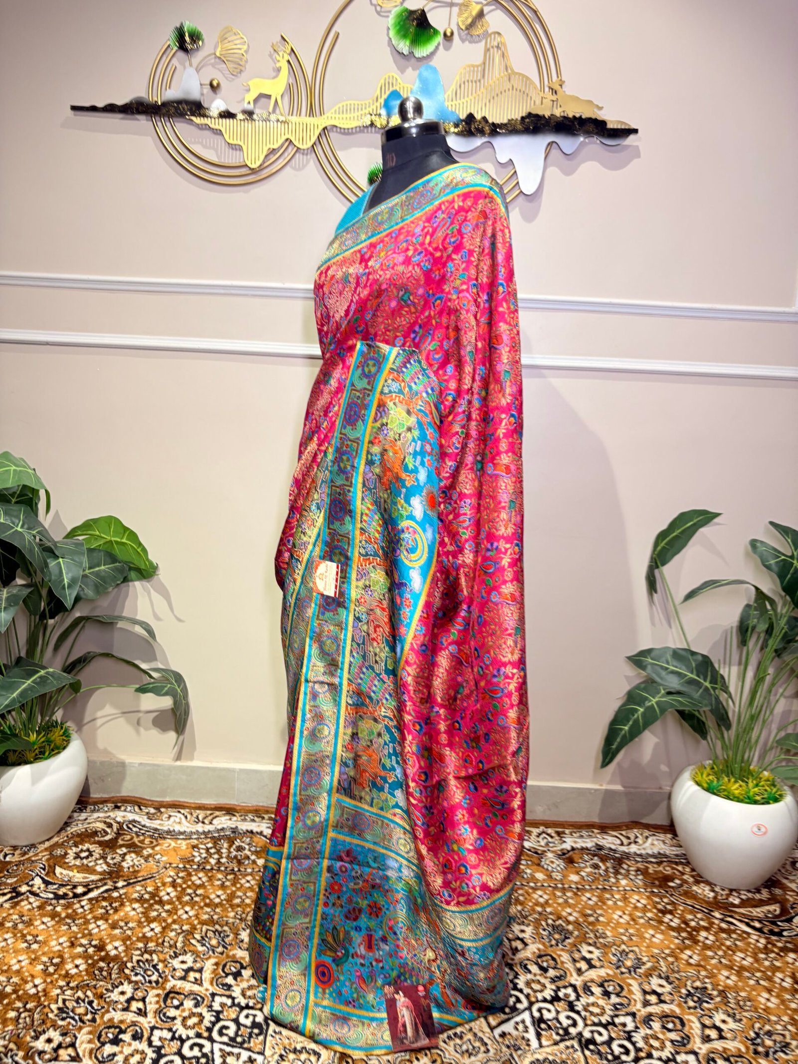Premium Pink & Turquoise Pashmina Silk Saree - Image 3