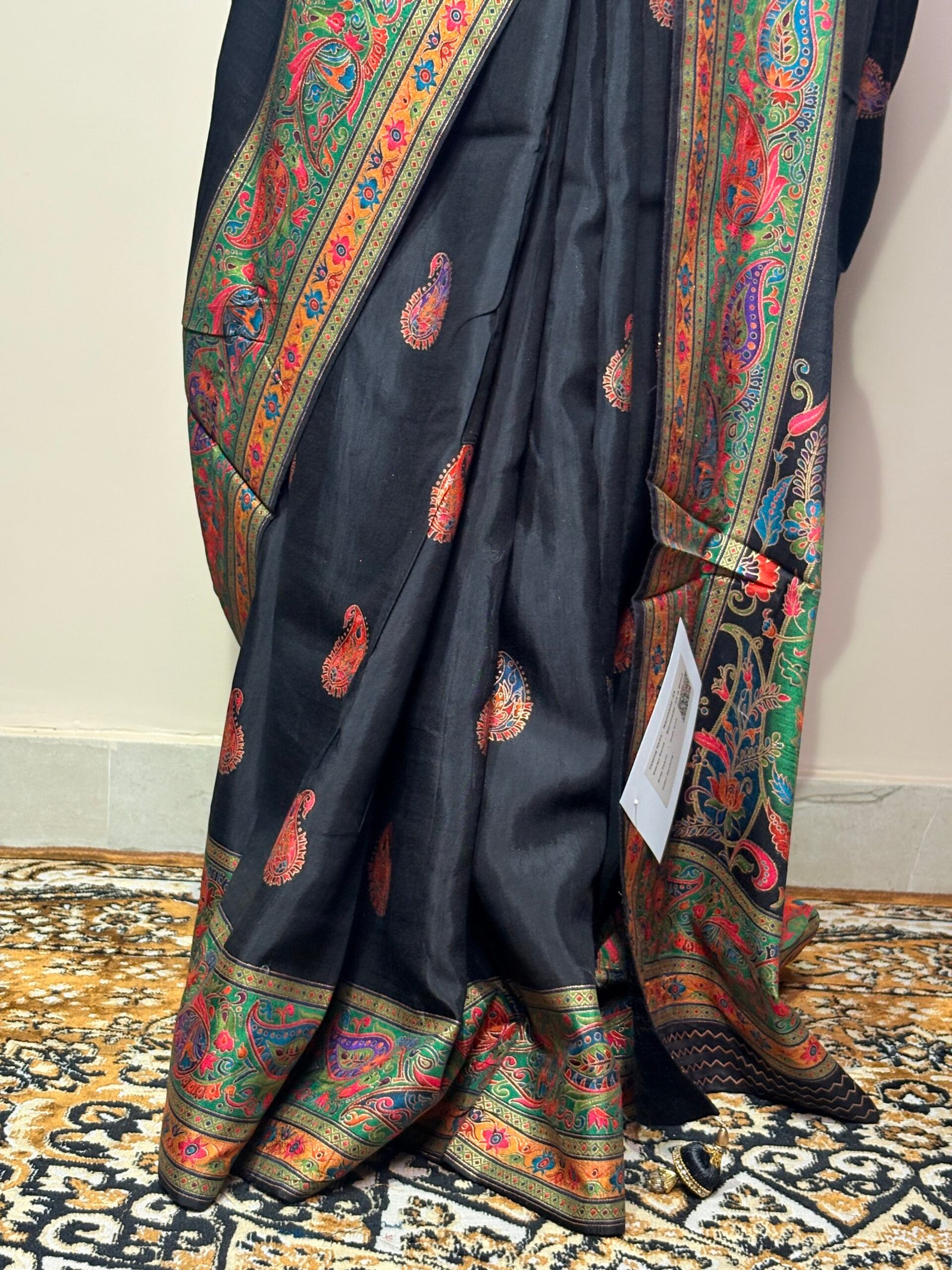 Black Pashmina Saree with Kashmiri Print & Elegant Woven Border - Image 6
