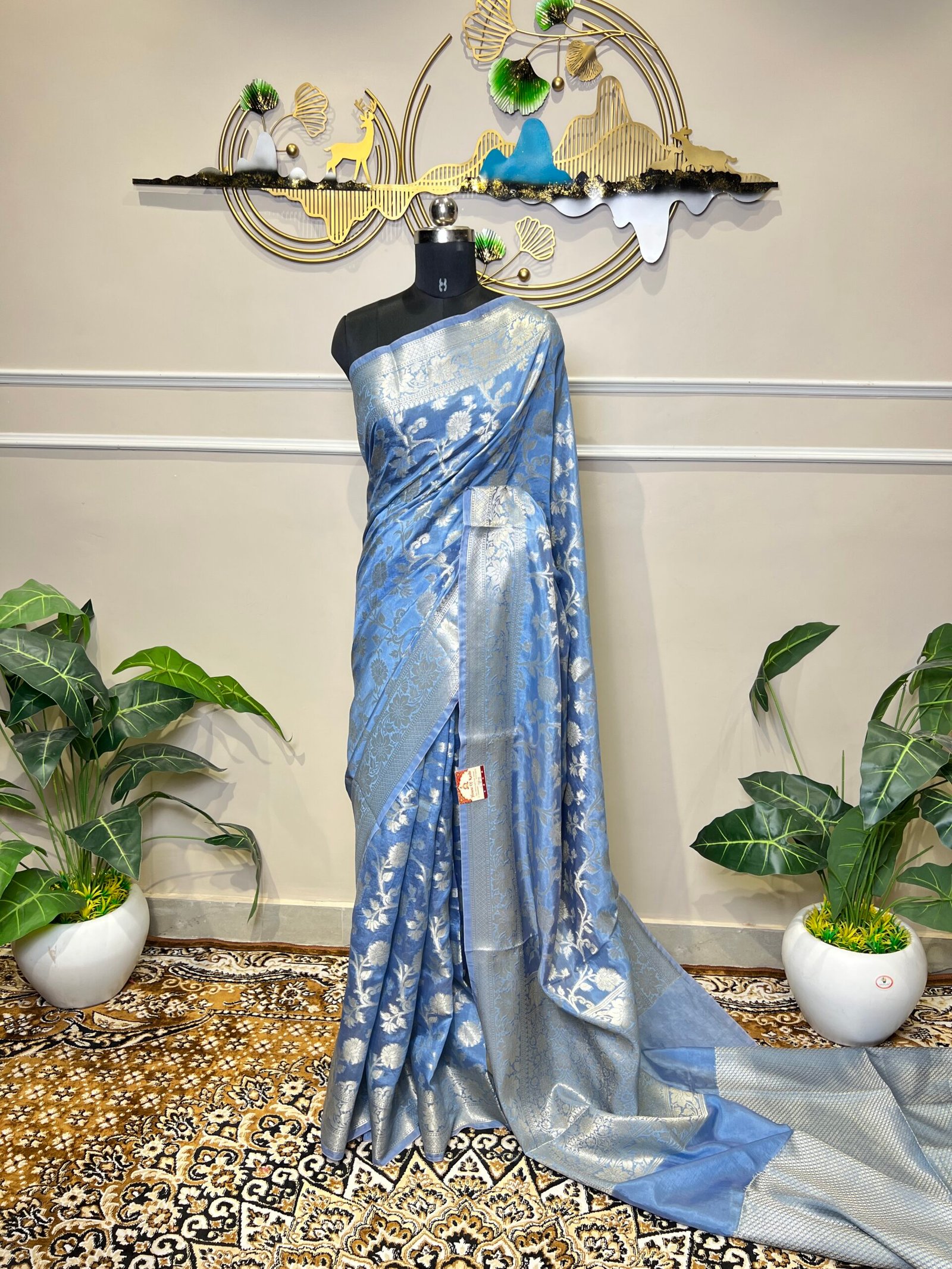 Sky Blue Viscose Banarasi Saree with Silver Zari Floral Weaving & Rich Woven Border - Image 2