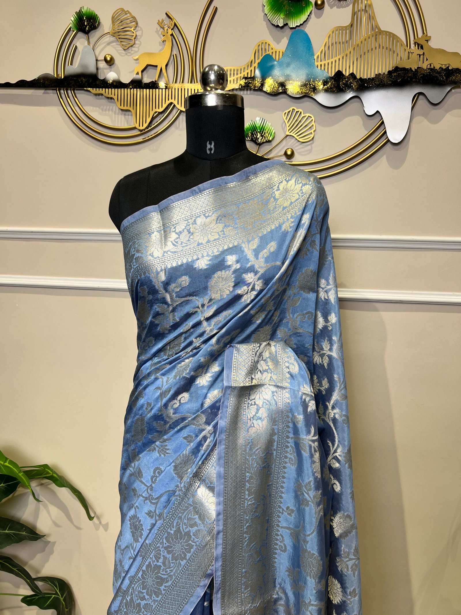 Sky Blue Viscose Banarasi Saree with Silver Zari Floral Weaving & Rich Woven Border - Image 4
