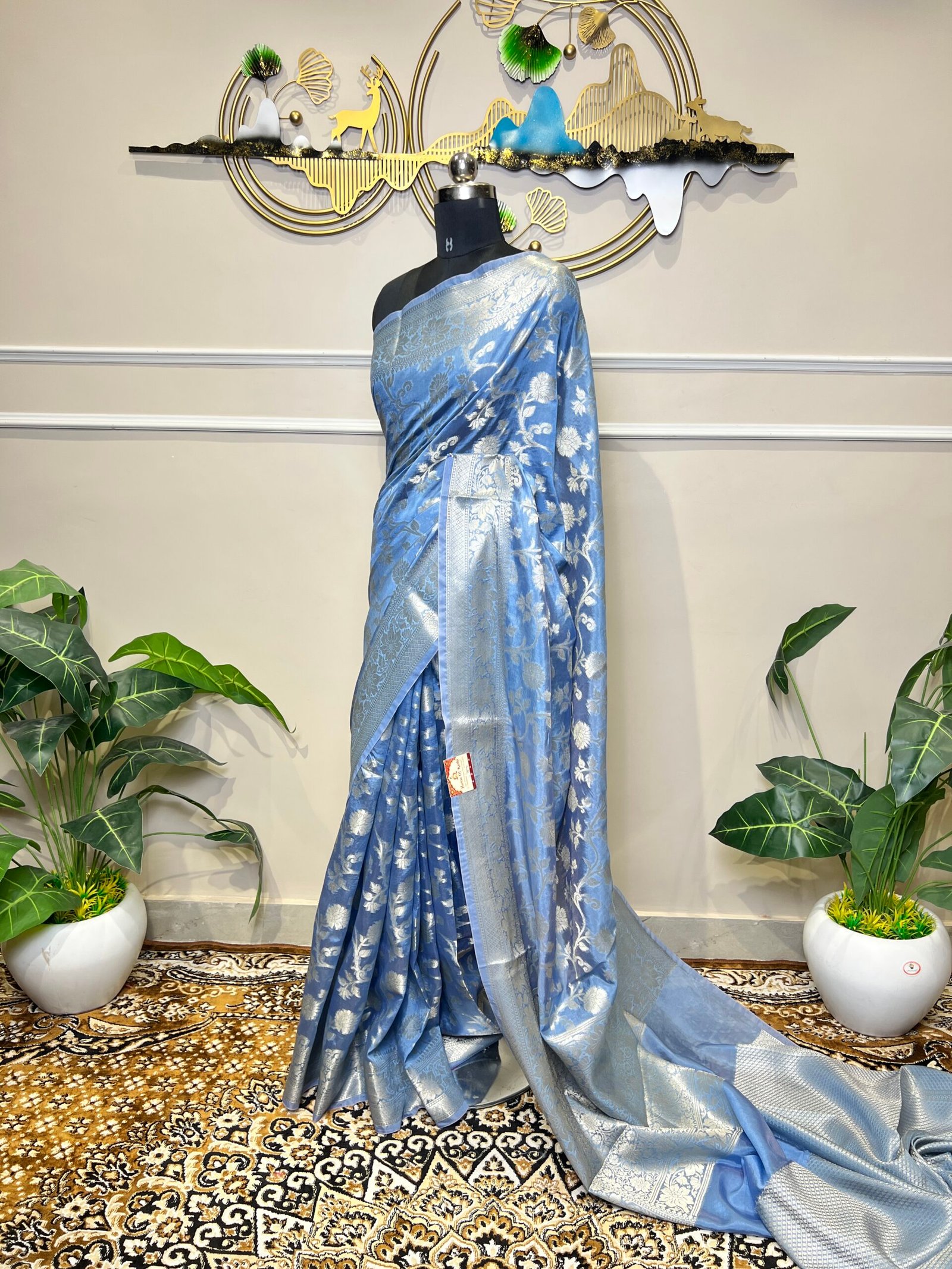 Sky Blue Viscose Banarasi Saree with Silver Zari Floral Weaving & Rich Woven Border - Image 3