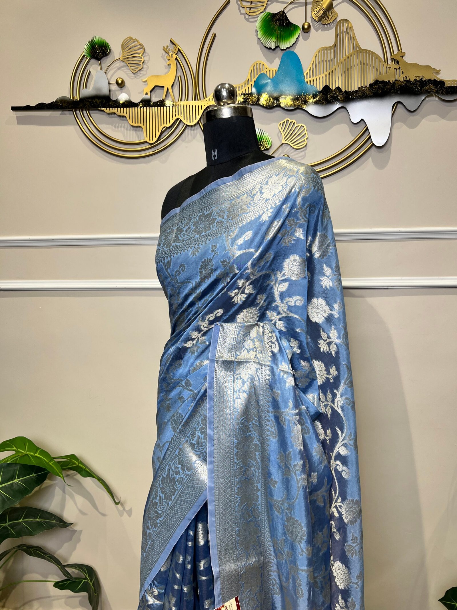 Sky Blue Viscose Banarasi Saree with Silver Zari Floral Weaving & Rich Woven Border - Image 5