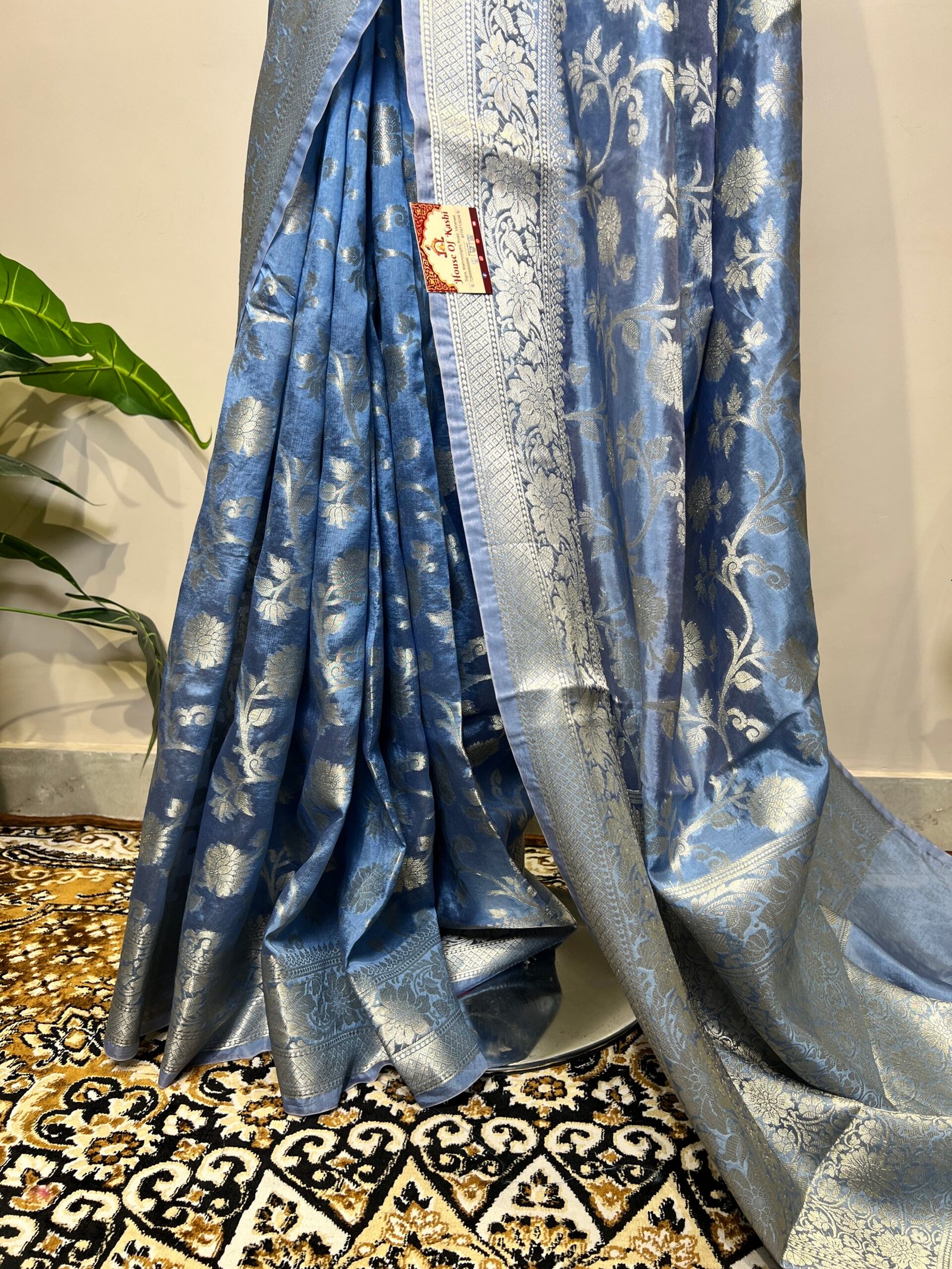 Sky Blue Viscose Banarasi Saree with Silver Zari Floral Weaving & Rich Woven Border - Image 6