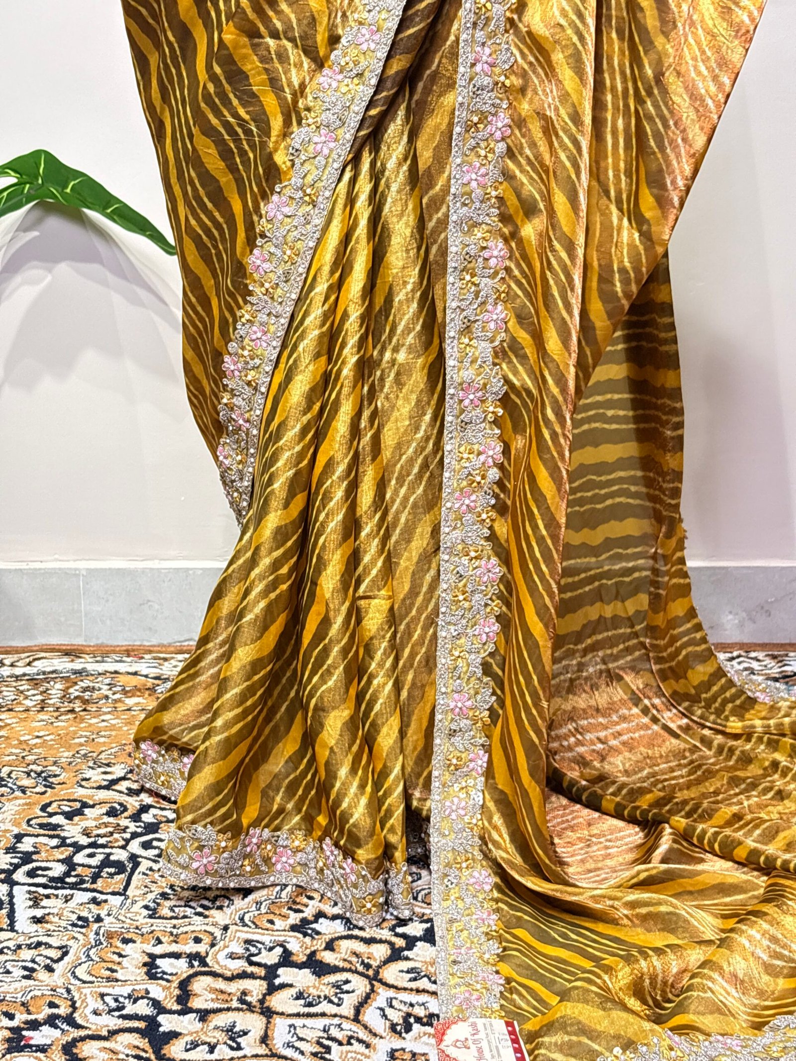 Mustard Gold Designer Saree with Floral Embellished Border - Image 4