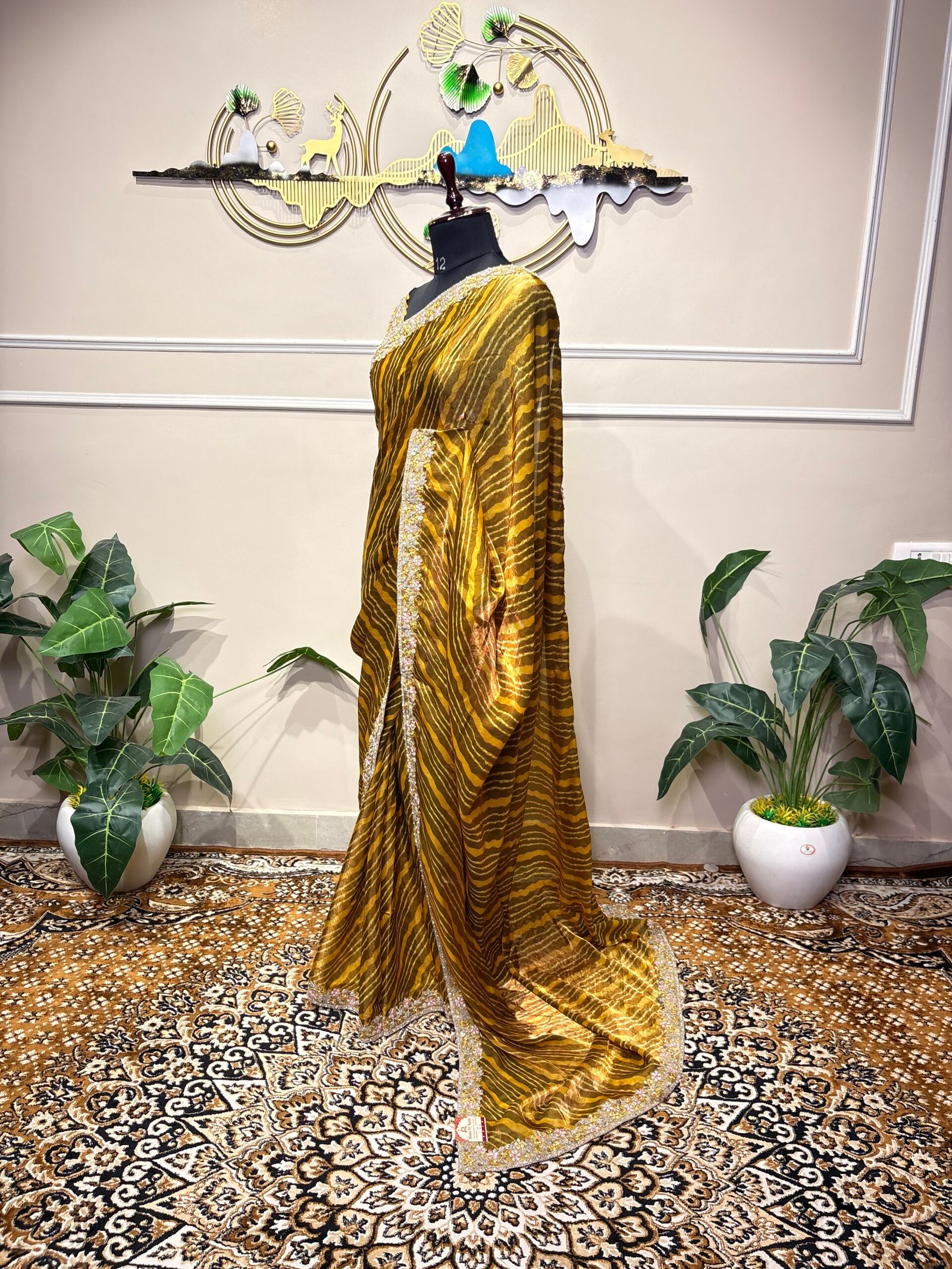 Mustard Gold Designer Saree with Floral Embellished Border - Image 6