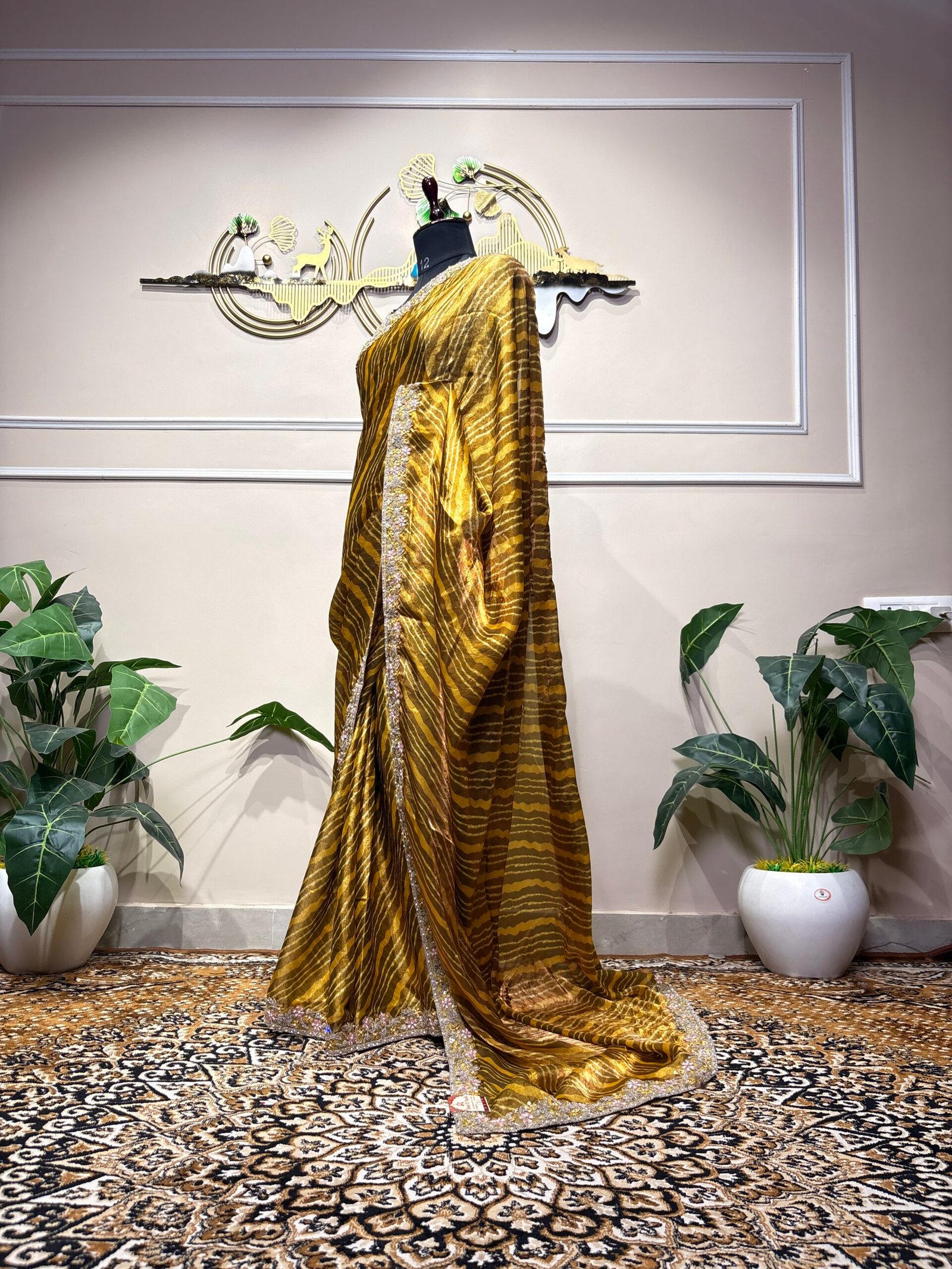 Mustard Gold Designer Saree with Floral Embellished Border - Image 7