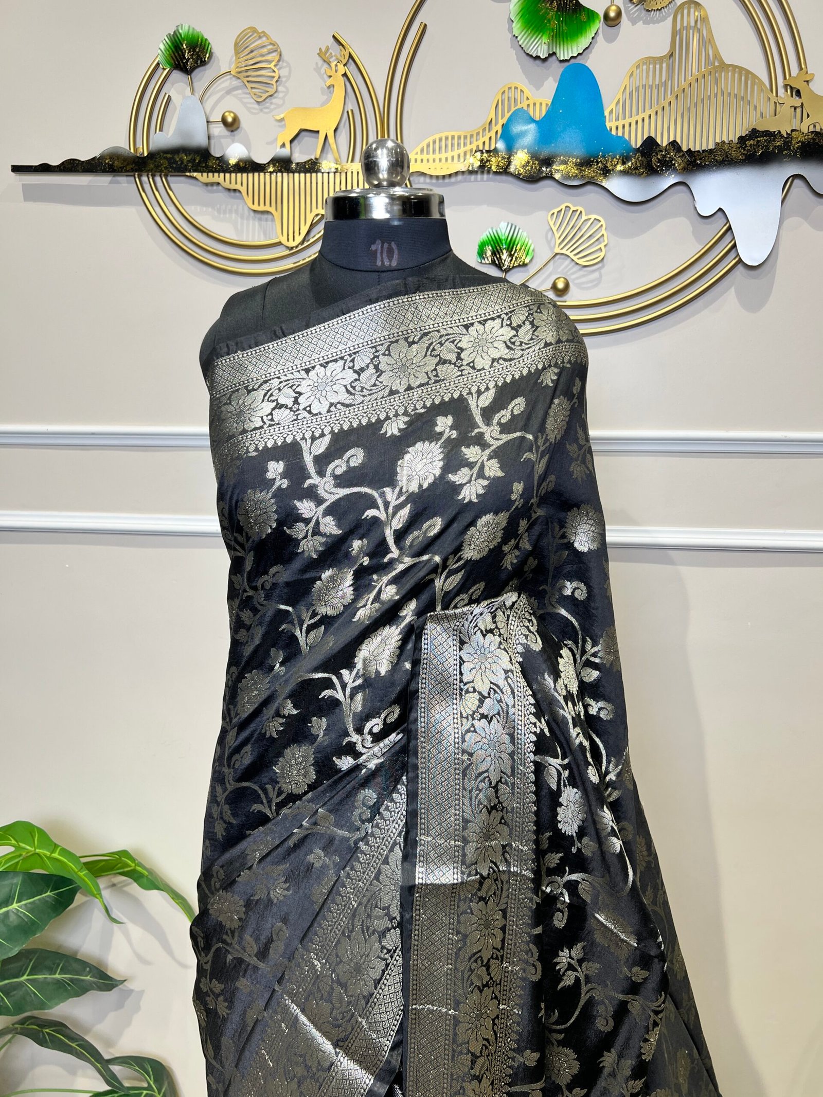 Black Viscose Banarasi Saree with Silver Zari Floral Weaving - Image 5