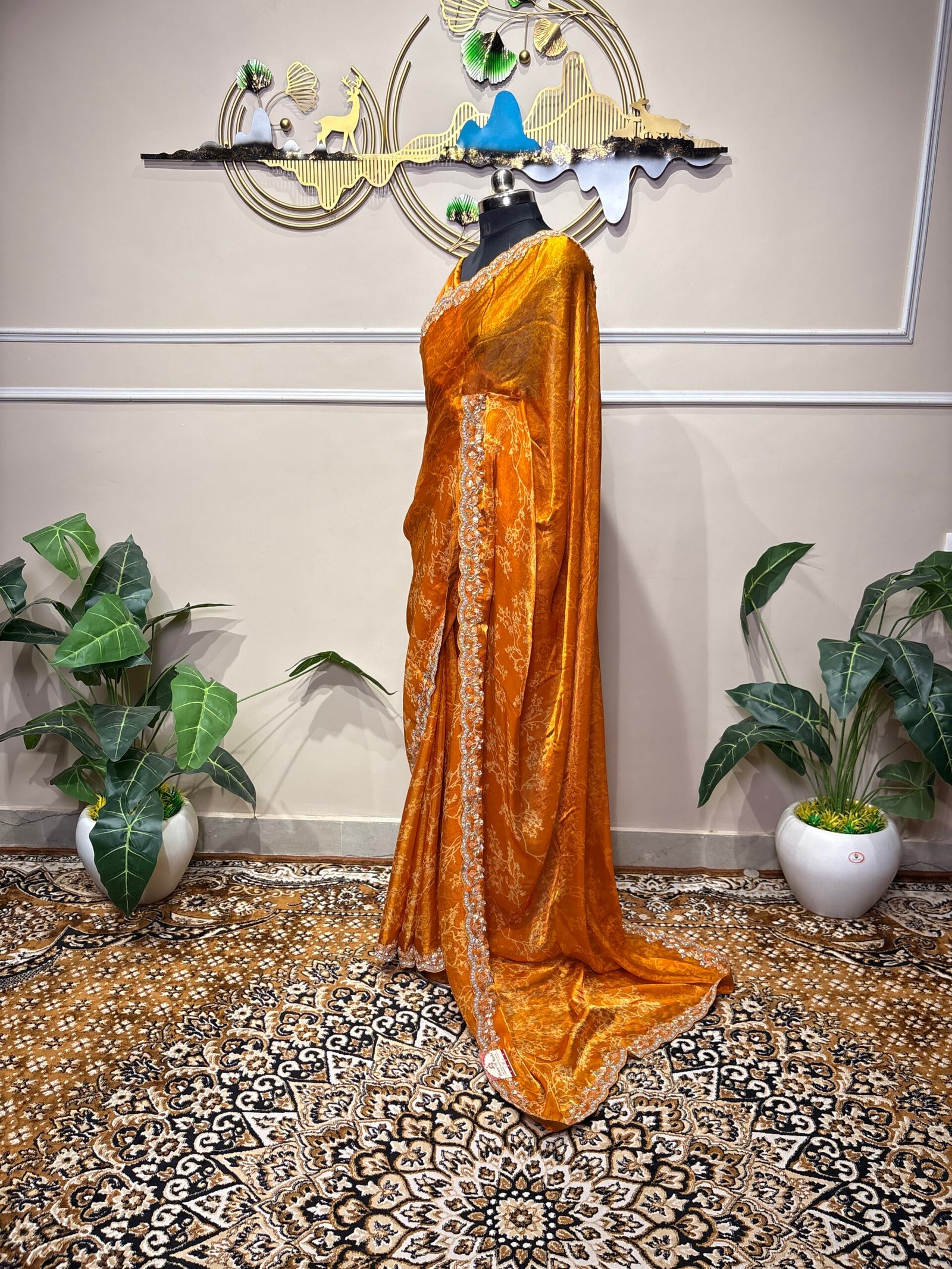 Orange Designer Satin Silk Saree with Embellished Border - Image 4
