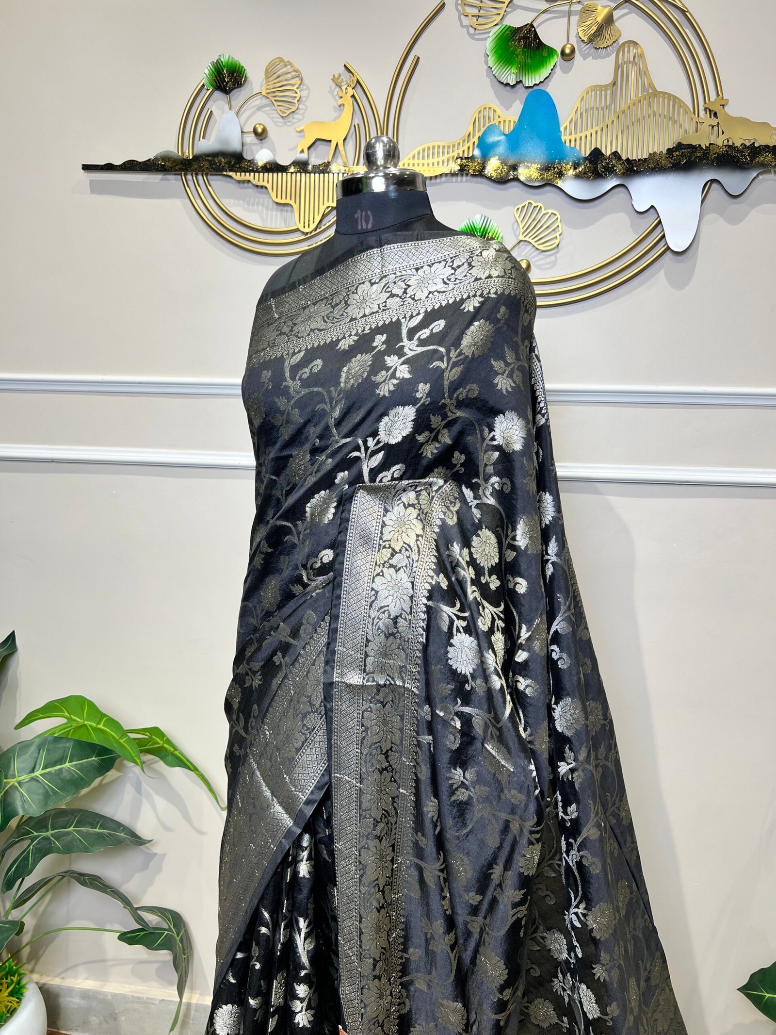 Black Viscose Banarasi Saree with Silver Zari Floral Weaving - Image 4