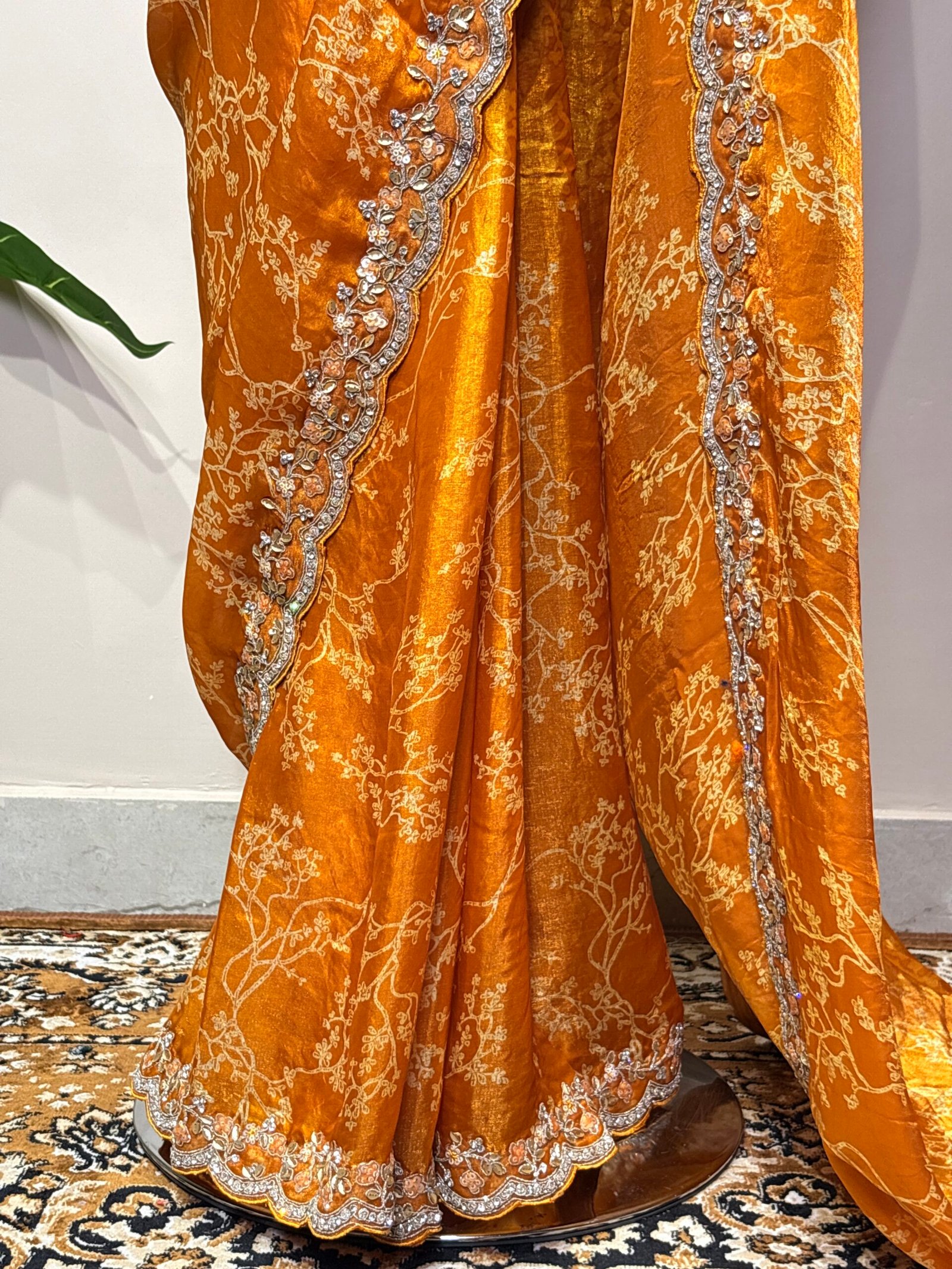 Orange Designer Satin Silk Saree with Embellished Border - Image 6