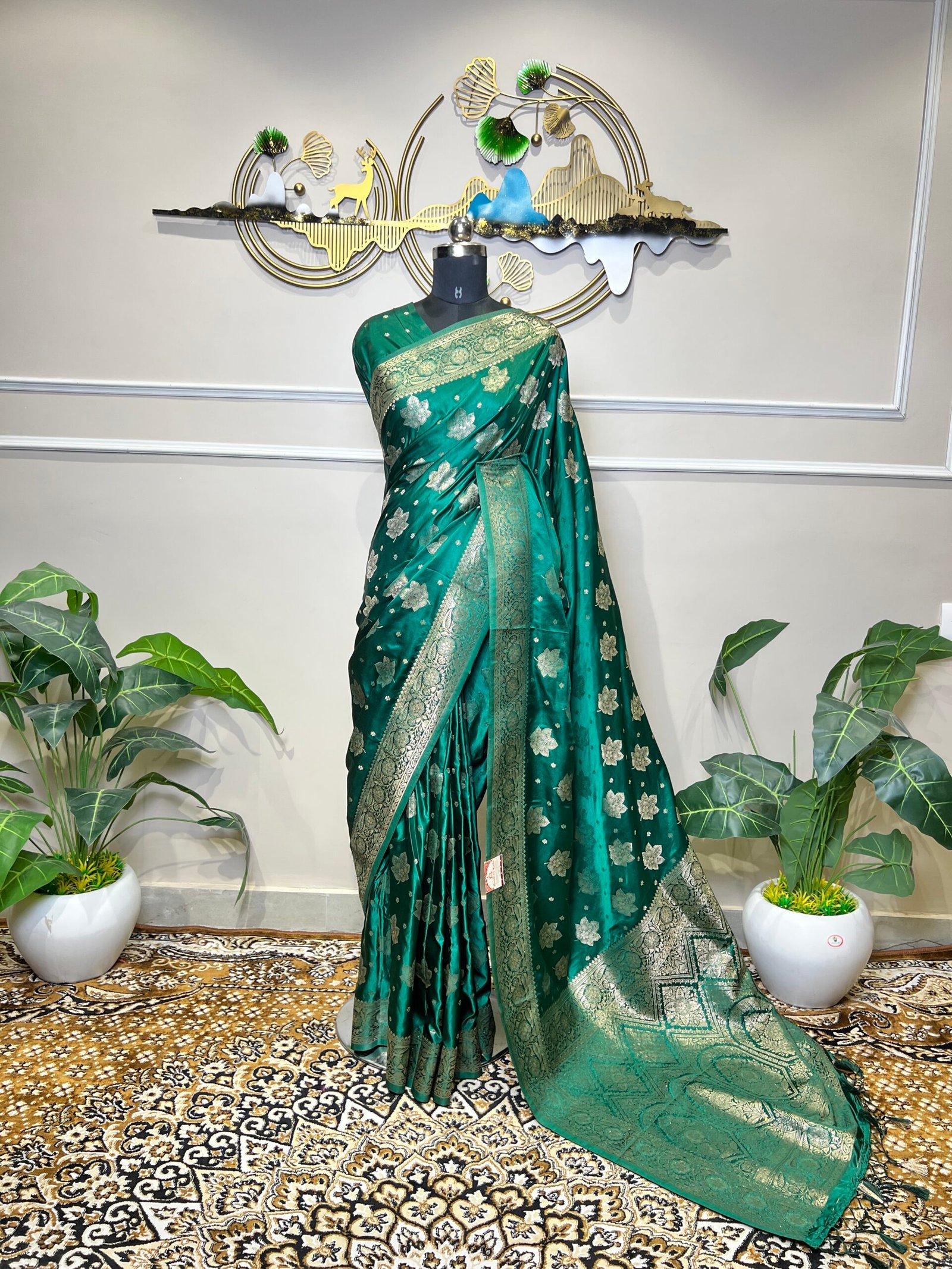 Green Siroski Mushroo Satin Saree with Silver Zari Weaving - Image 2