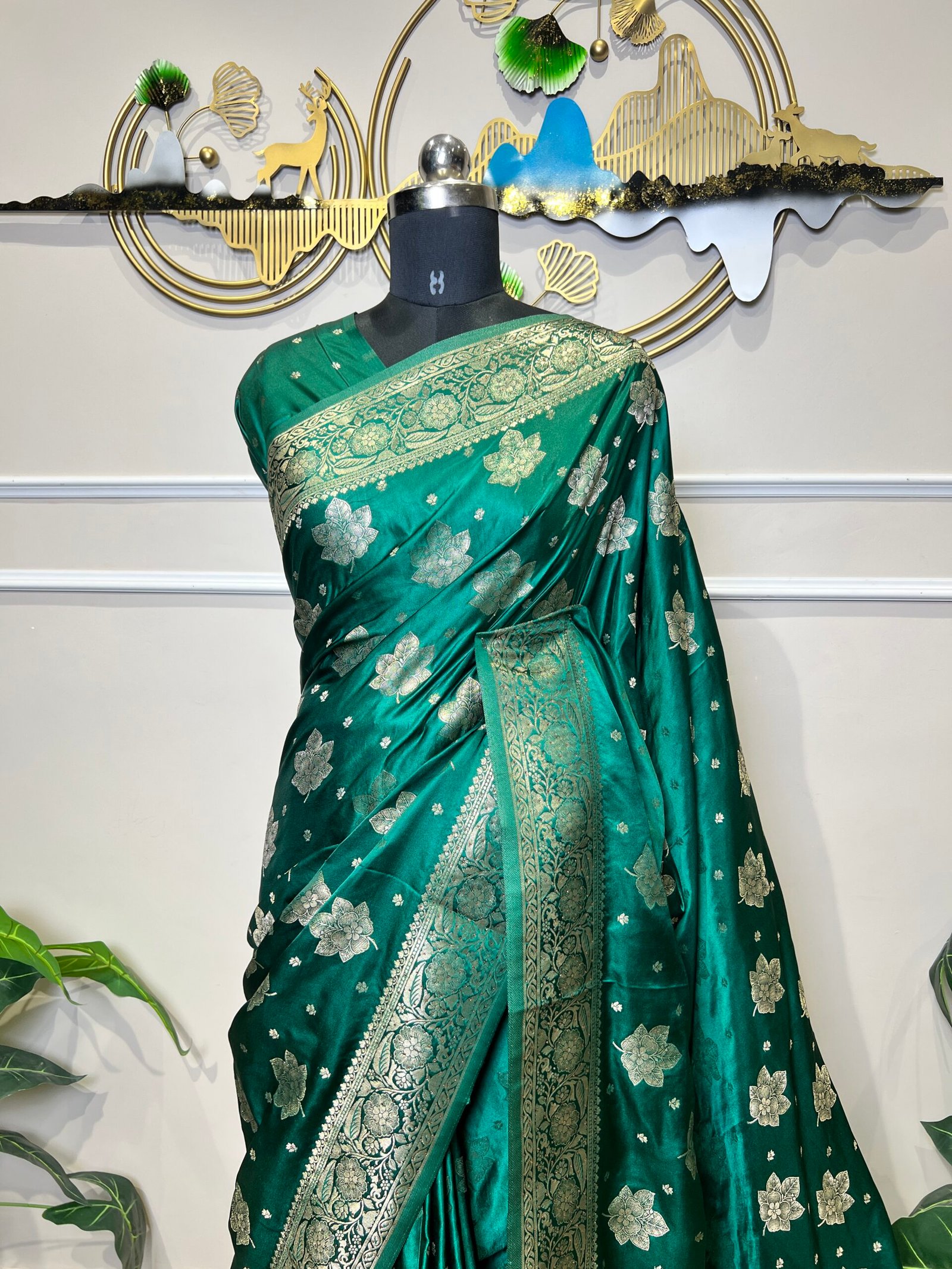 Green Siroski Mushroo Satin Saree with Silver Zari Weaving - Image 5
