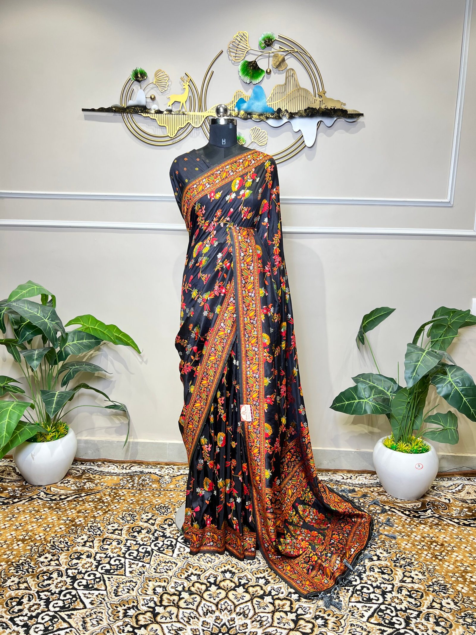 Premium Black Mina Jaal Saree with Multicolour Floral Weaving - Image 2
