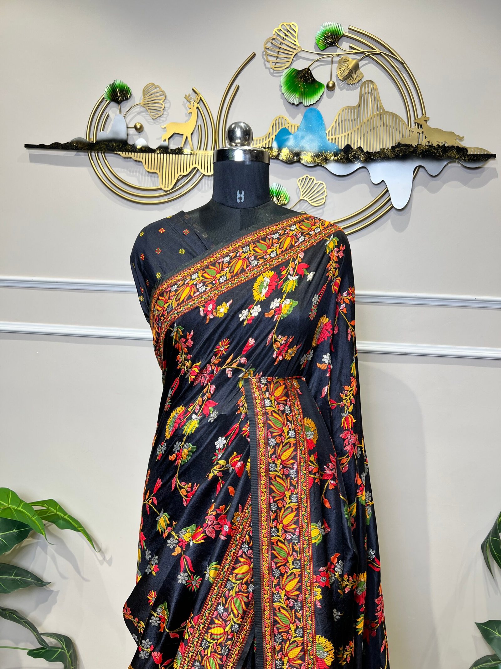 Premium Black Mina Jaal Saree with Multicolour Floral Weaving - Image 6