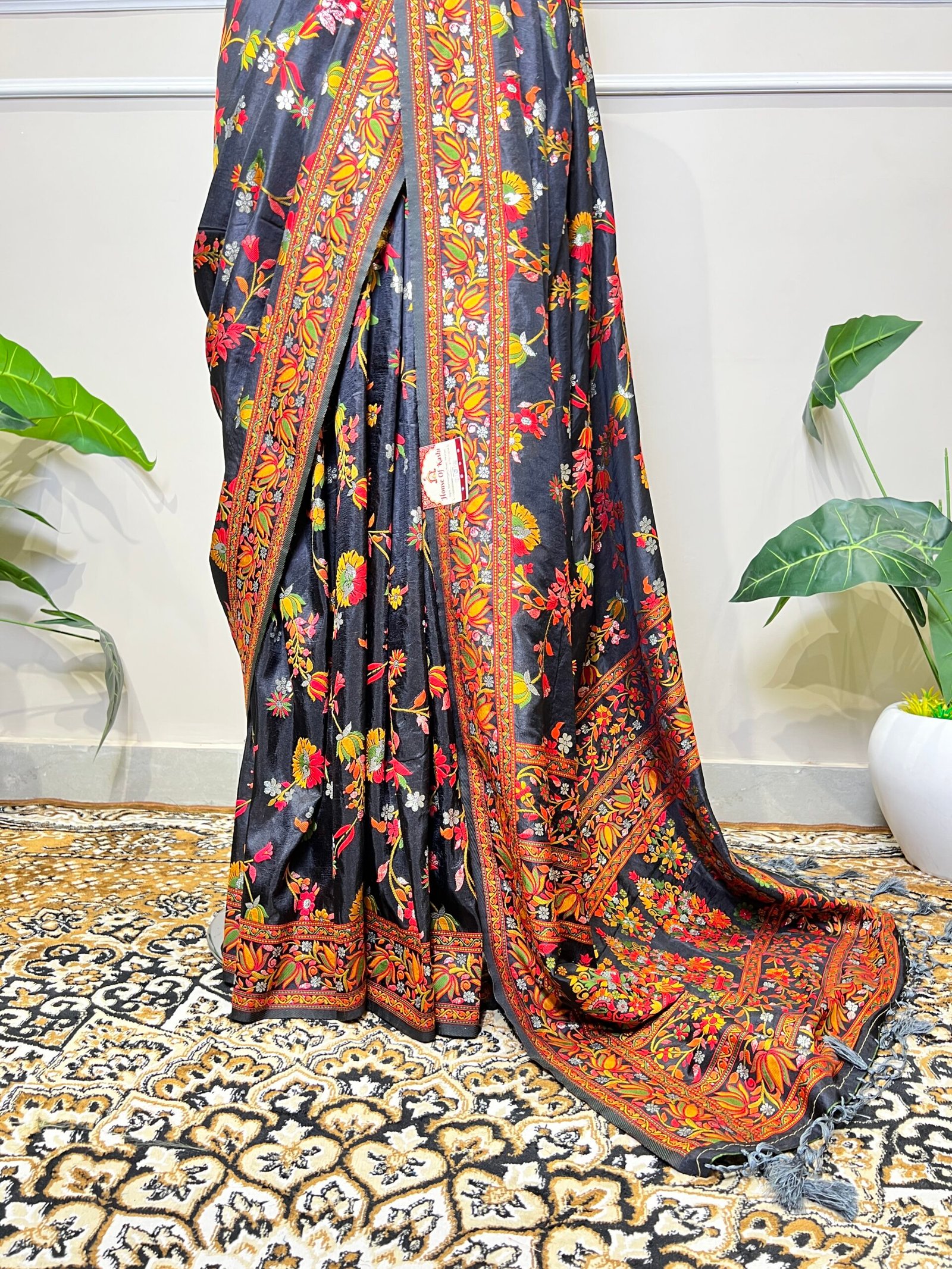 Premium Black Mina Jaal Saree with Multicolour Floral Weaving - Image 4