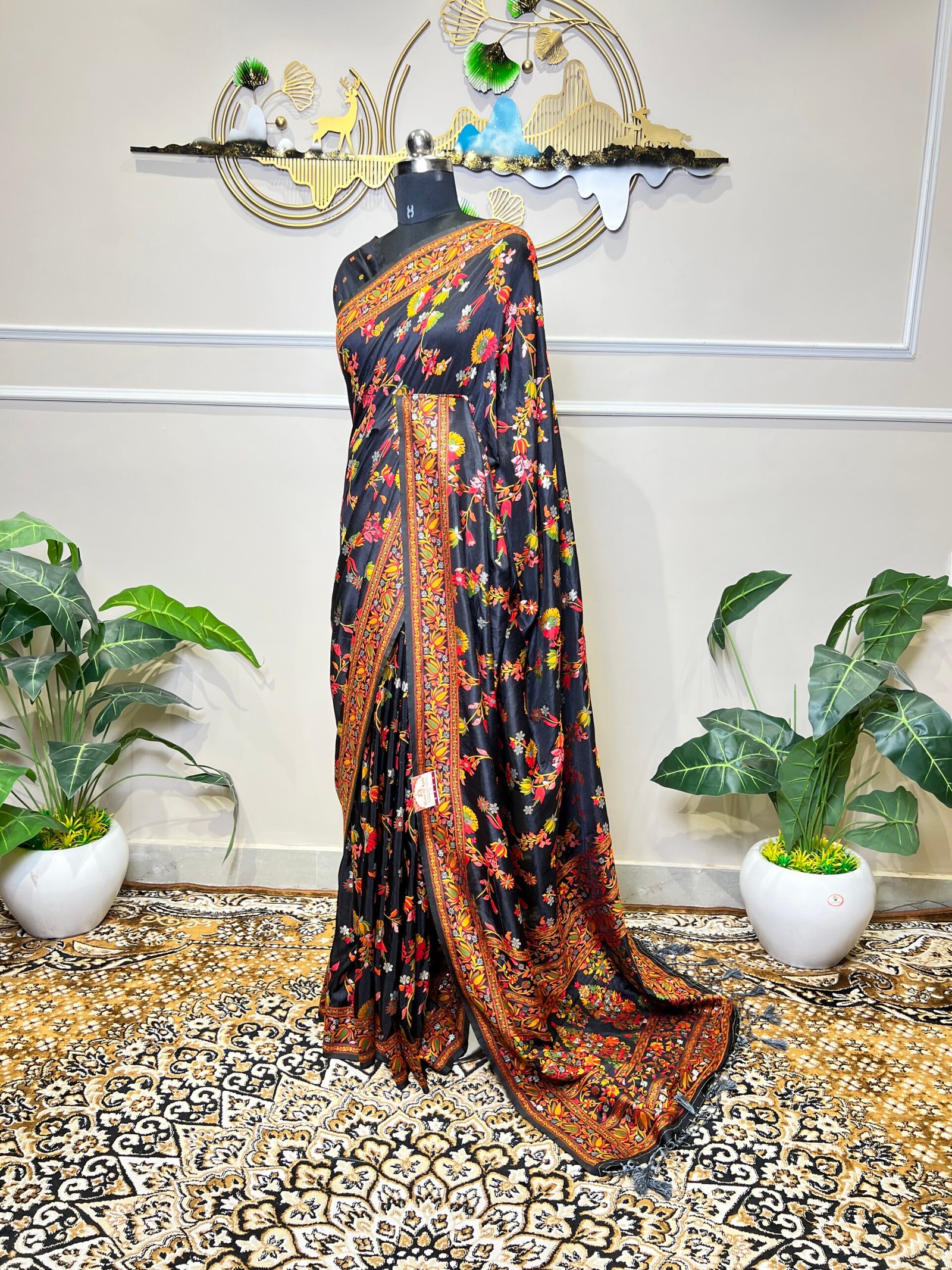 Premium Black Mina Jaal Saree with Multicolour Floral Weaving - Image 3