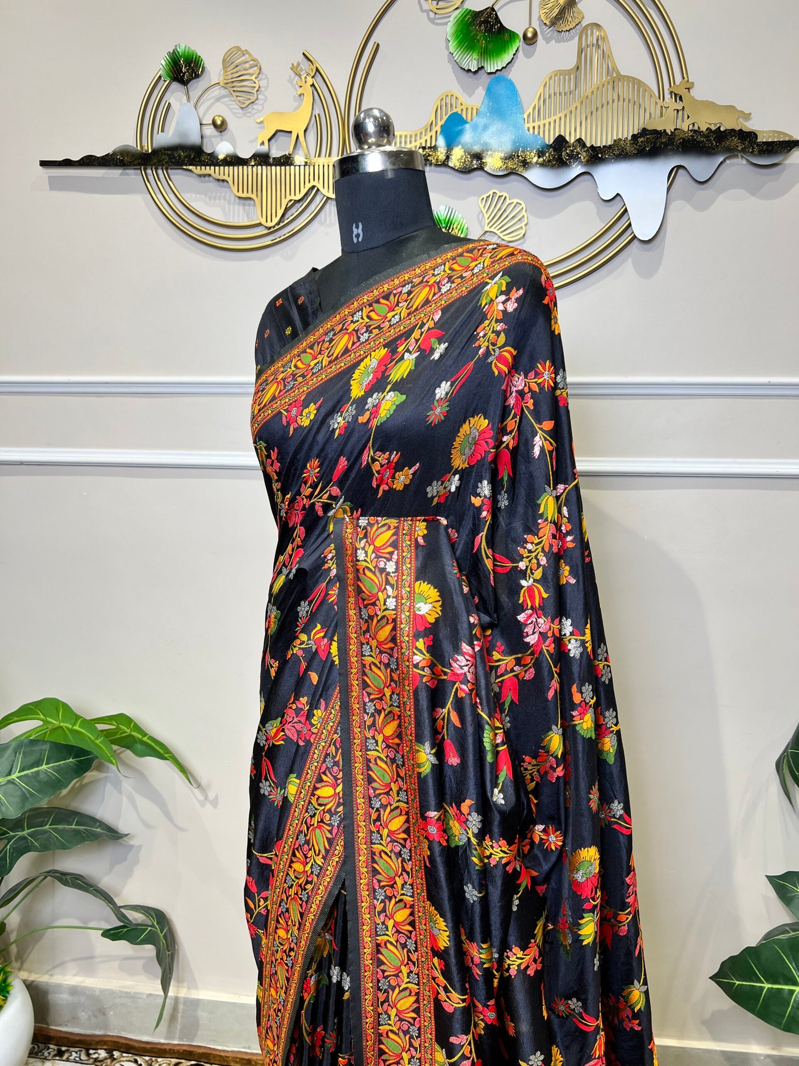 Premium Black Mina Jaal Saree with Multicolour Floral Weaving - Image 5