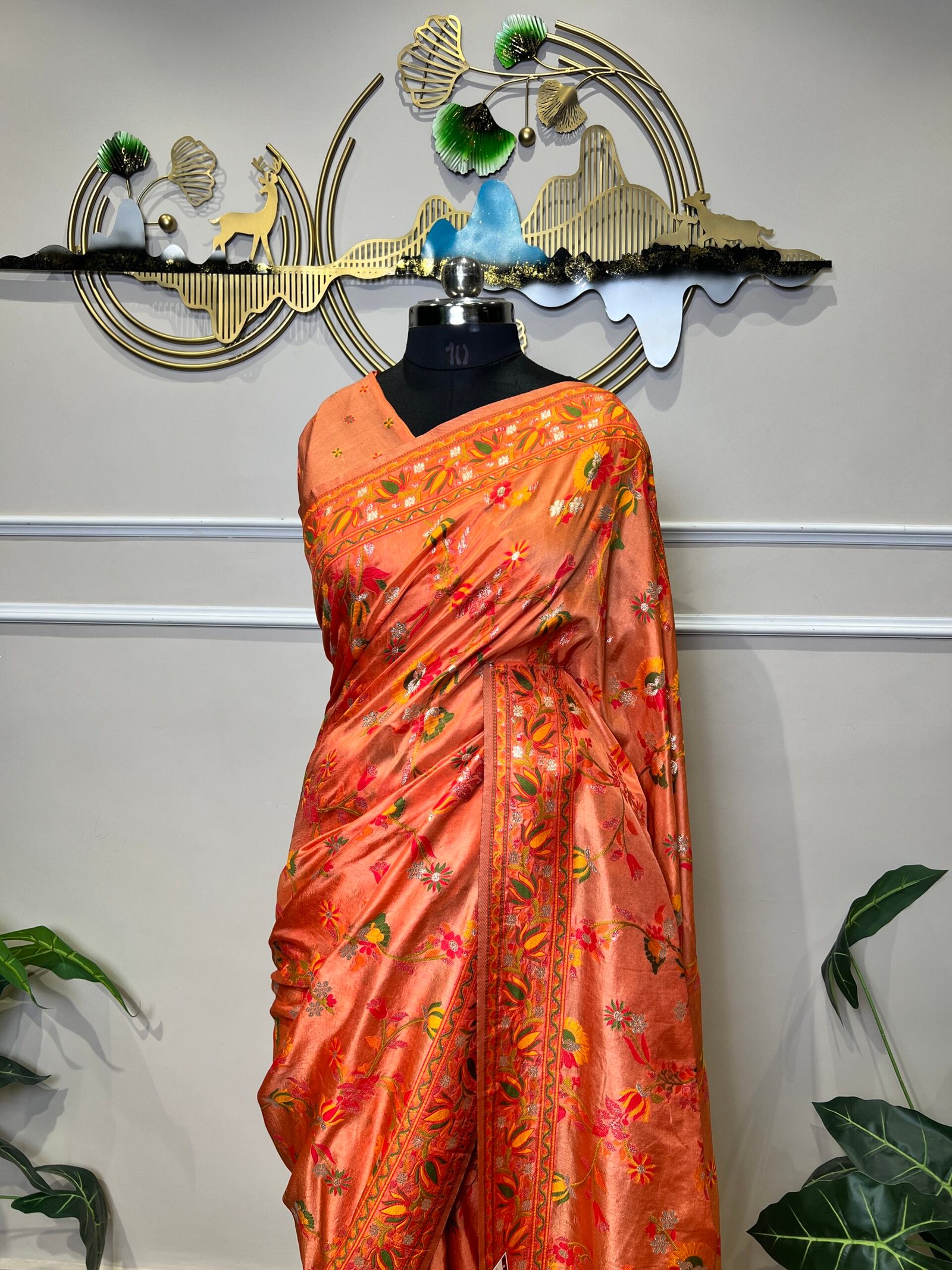 Peach Mina Jaal Saree with Multicolor Floral Woven Border & Rich Designer Pallu - Image 3