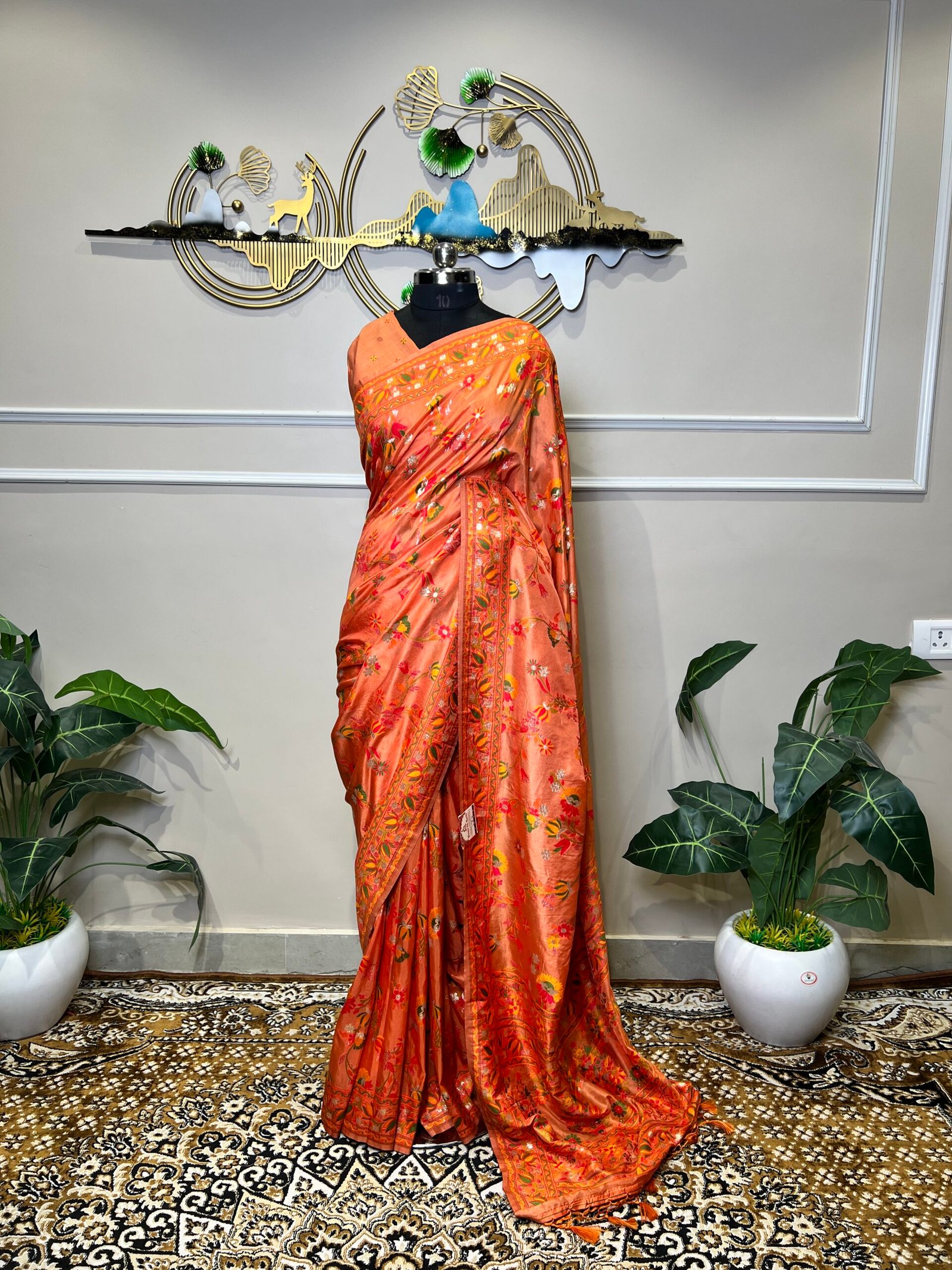Peach Mina Jaal Saree with Multicolor Floral Woven Border & Rich Designer Pallu - Image 2