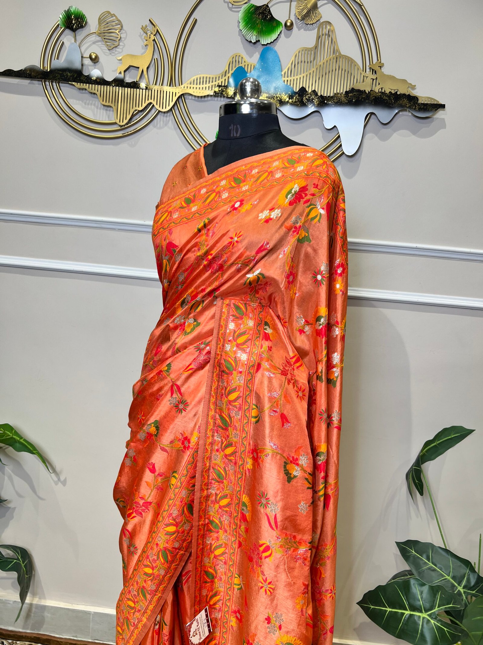 Peach Mina Jaal Saree with Multicolor Floral Woven Border & Rich Designer Pallu - Image 6