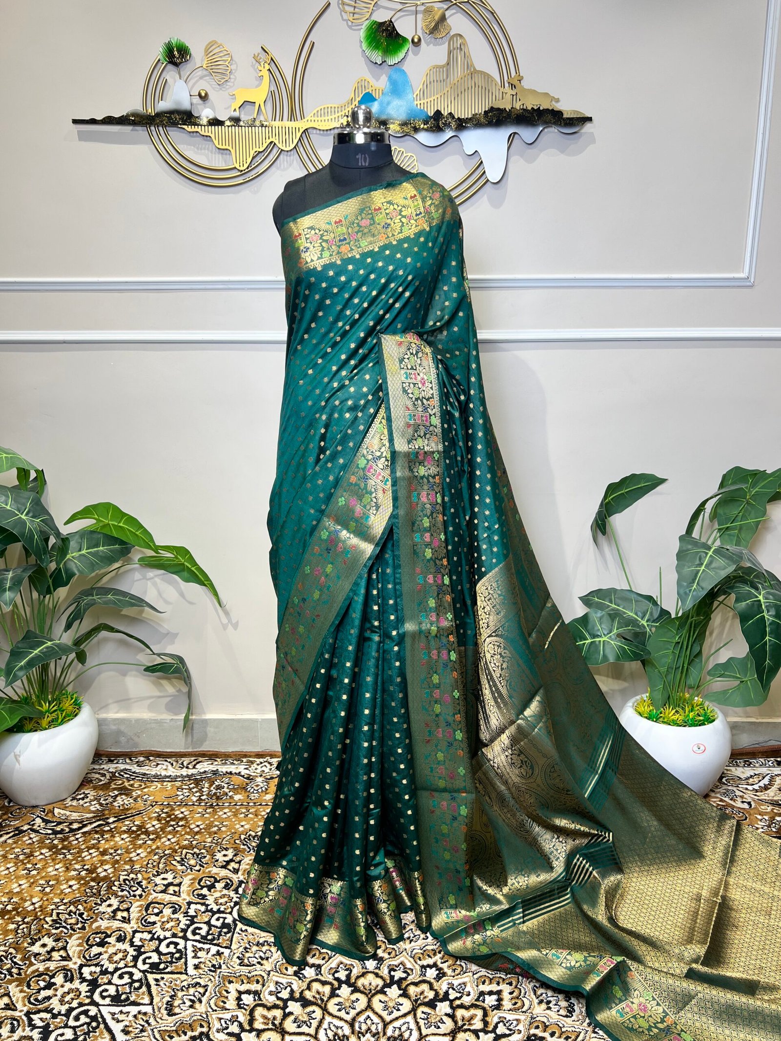 Green Viscose Banarasi Saree with Golden Zari Buti & Multicolor Floral Border - Image 2