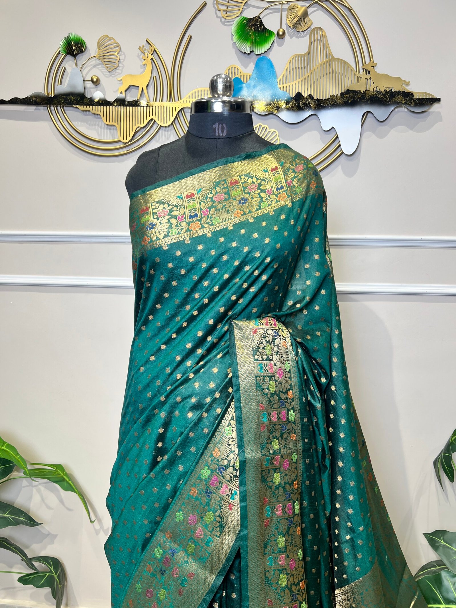 Green Viscose Banarasi Saree with Golden Zari Buti & Multicolor Floral Border - Image 3