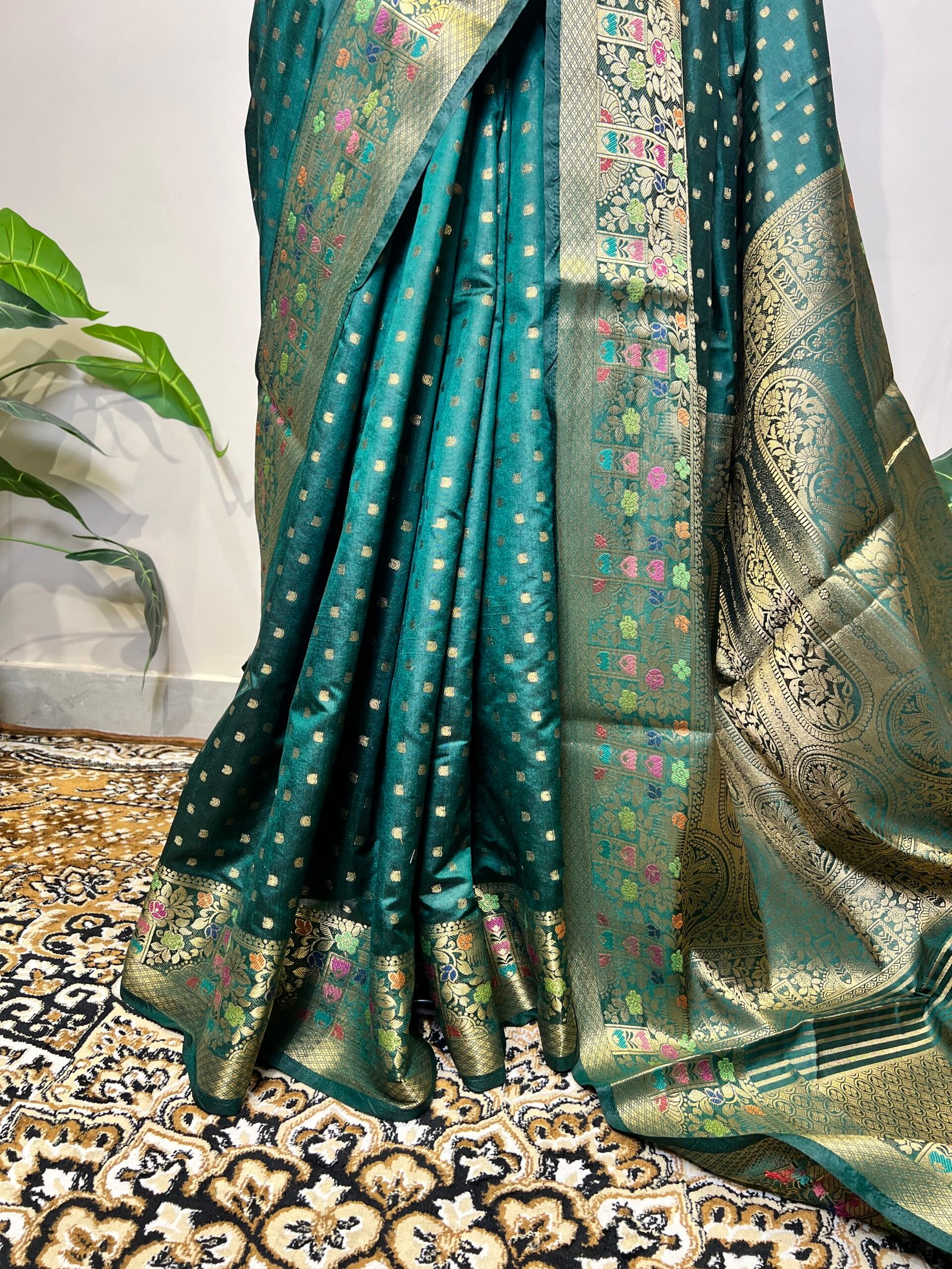 Green Viscose Banarasi Saree with Golden Zari Buti & Multicolor Floral Border - Image 6