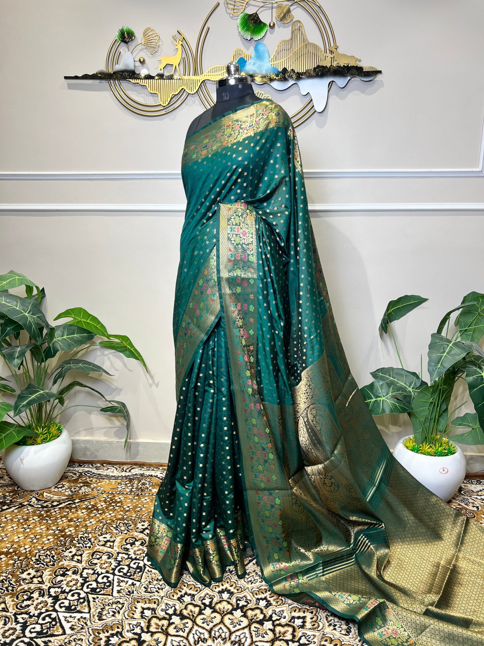 Green Viscose Banarasi Saree with Golden Zari Buti & Multicolor Floral Border - Image 4