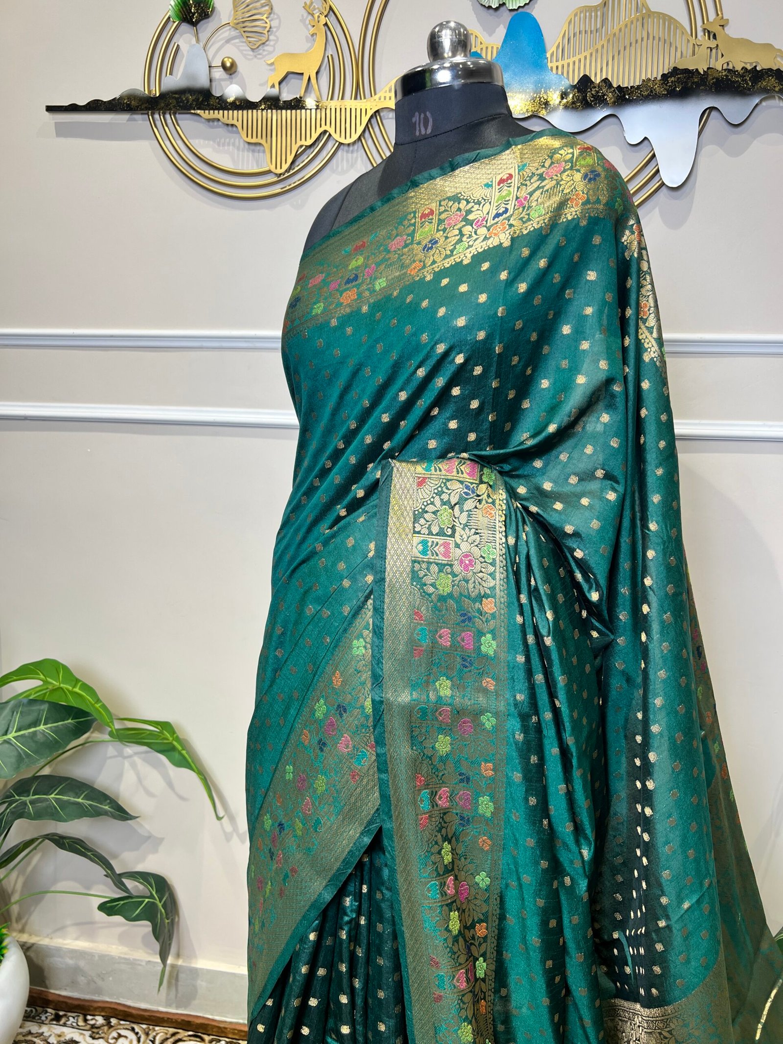 Green Viscose Banarasi Saree with Golden Zari Buti & Multicolor Floral Border - Image 5