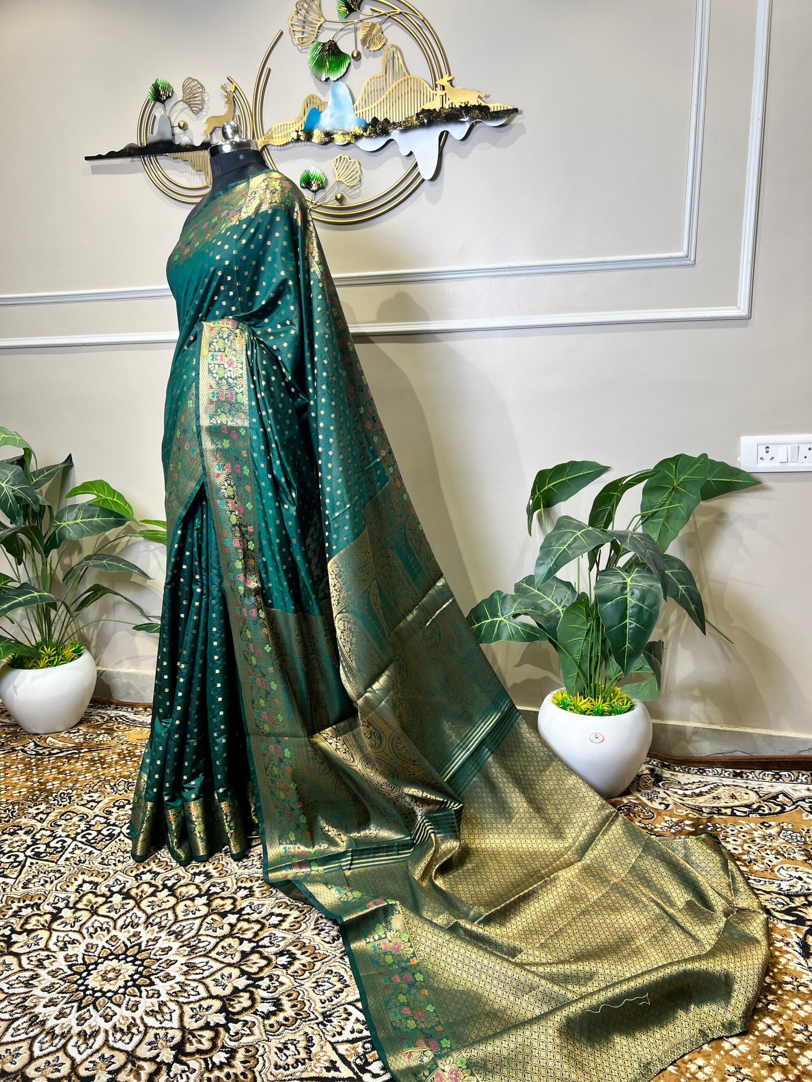 Green Viscose Banarasi Saree with Golden Zari Buti & Multicolor Floral Border - Image 7