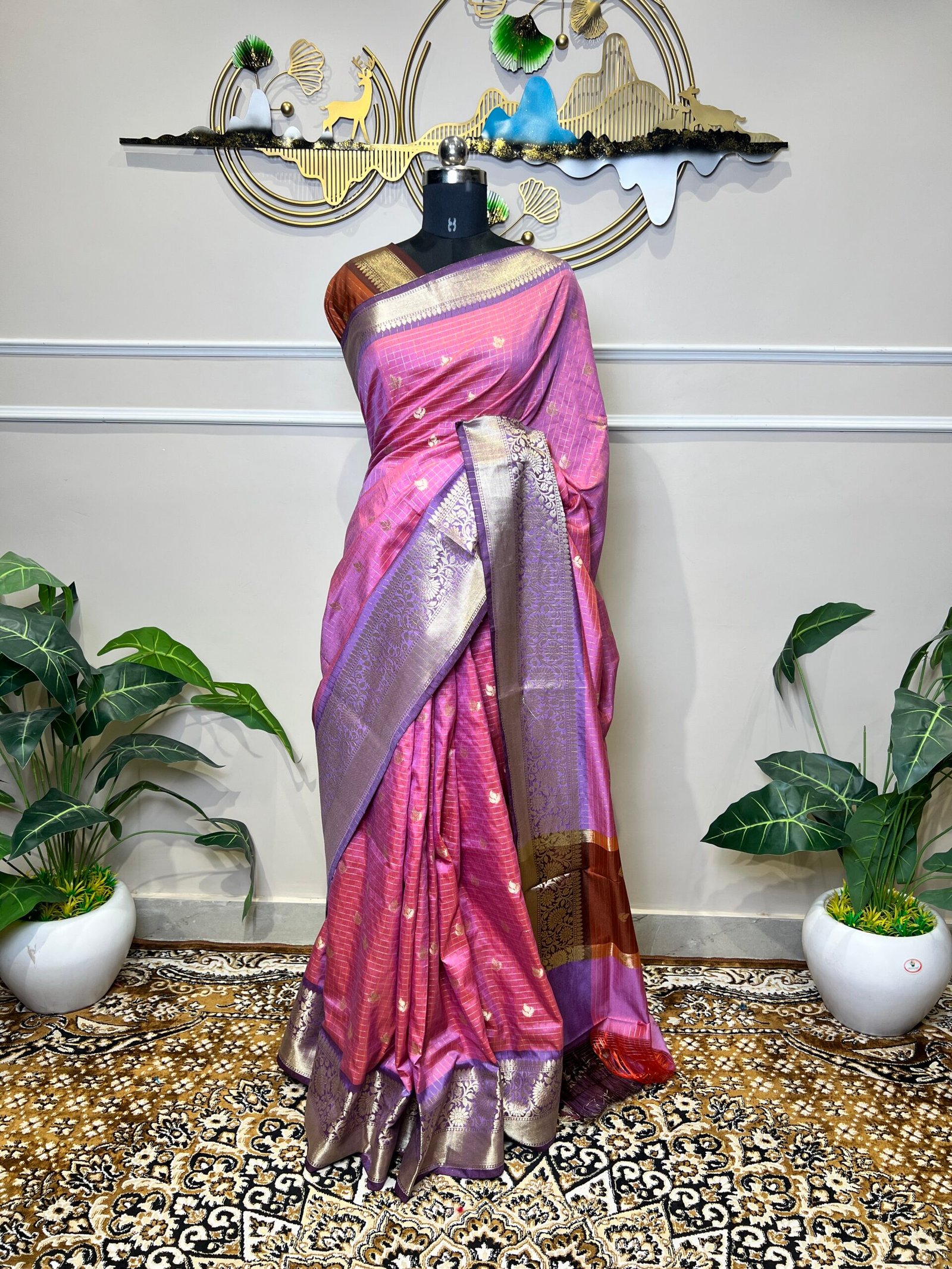 Pink & Purple Banarasi Saree with Golden Zari Checks and Rich Woven Border - Image 2
