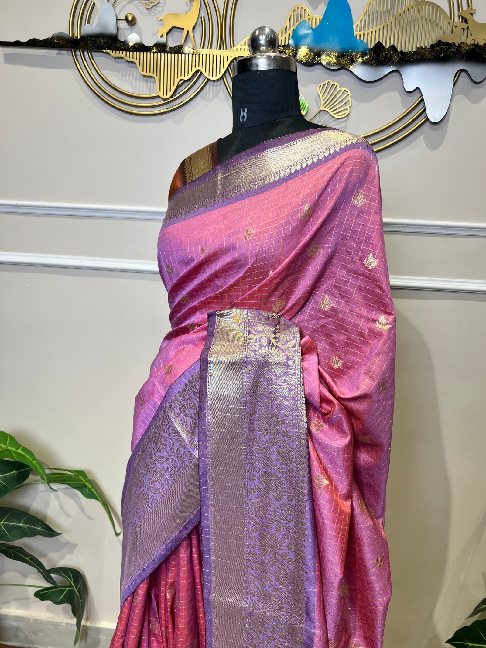 Pink & Purple Banarasi Saree with Golden Zari Checks and Rich Woven Border - Image 6