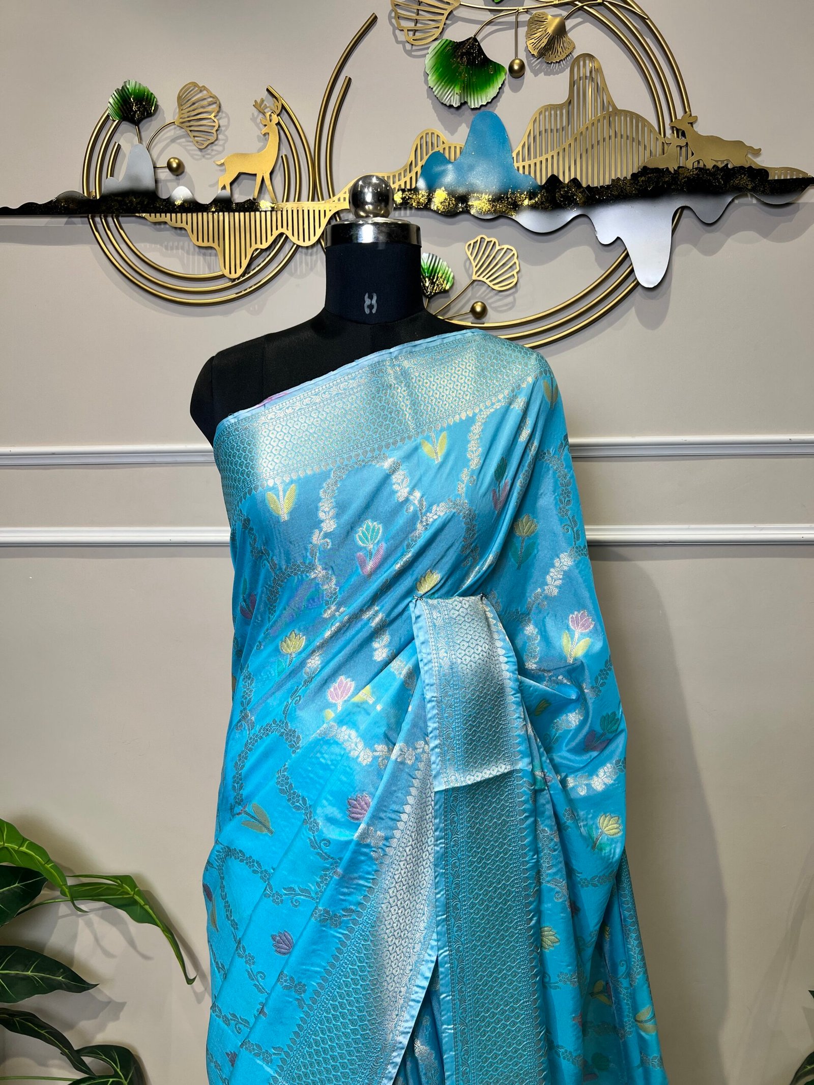 Sky Blue Banarasi Saree with Silver Zari Floral Weaving - Image 3
