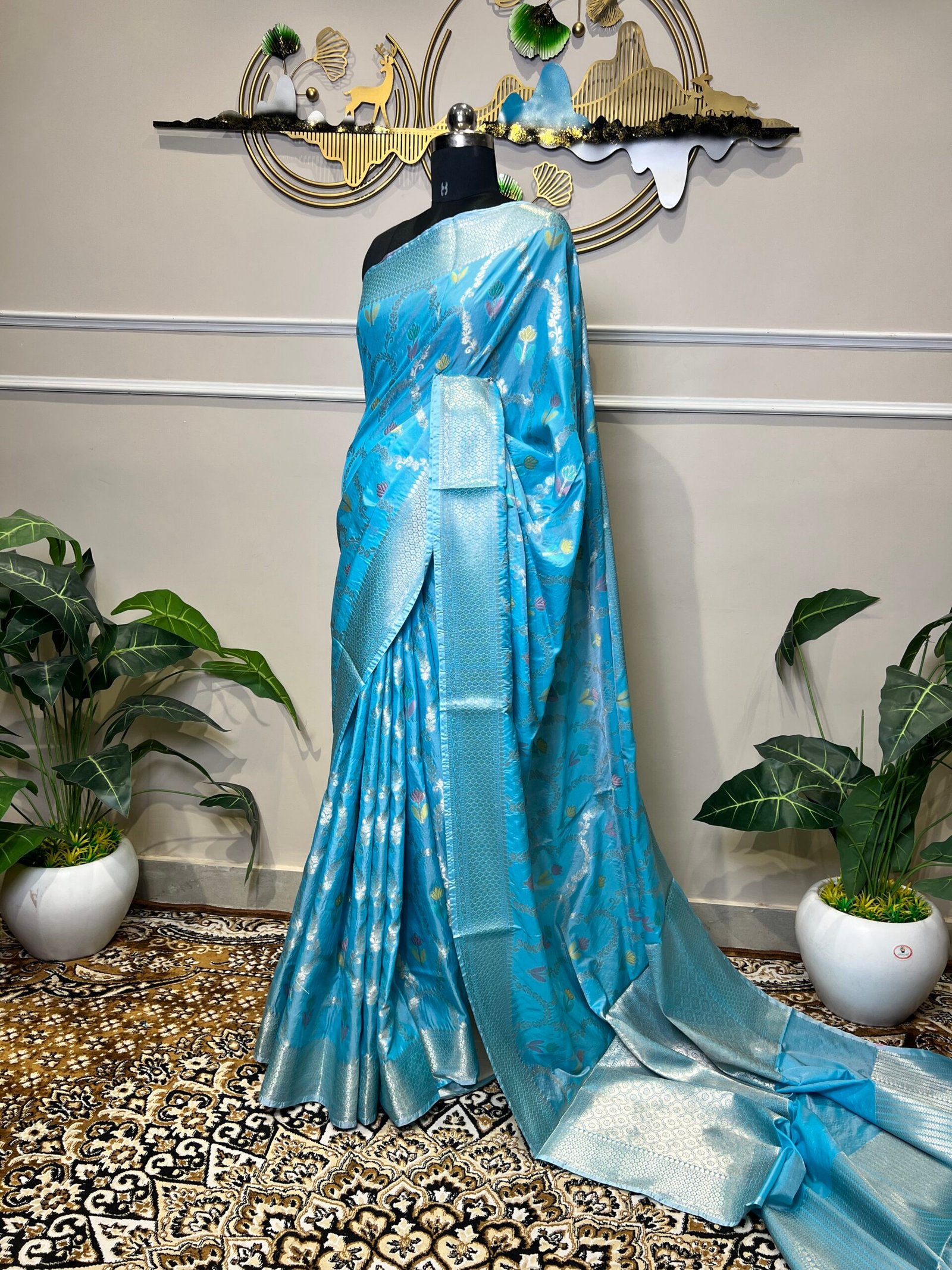 Sky Blue Banarasi Saree with Silver Zari Floral Weaving - Image 7