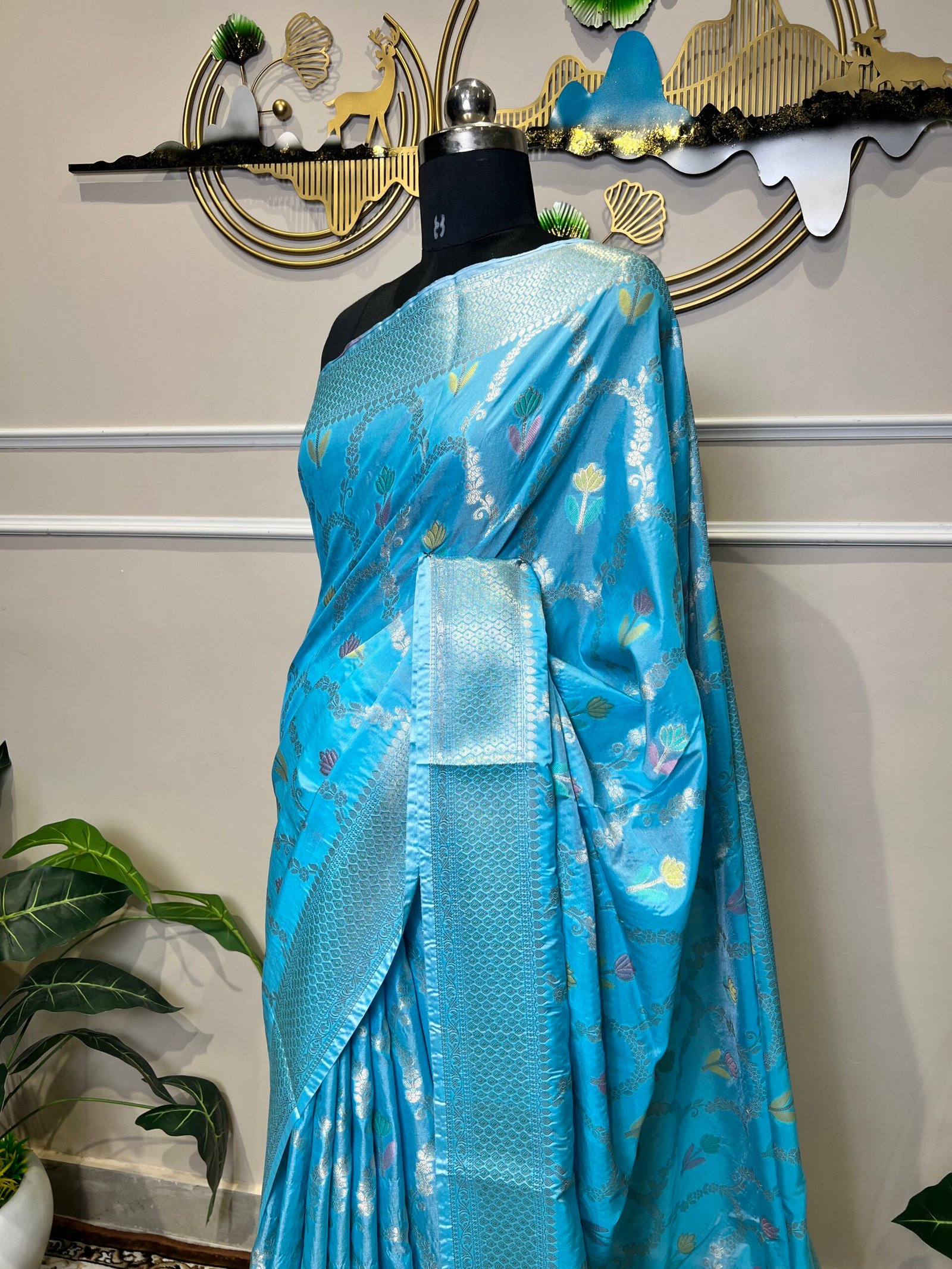 Sky Blue Banarasi Saree with Silver Zari Floral Weaving - Image 6