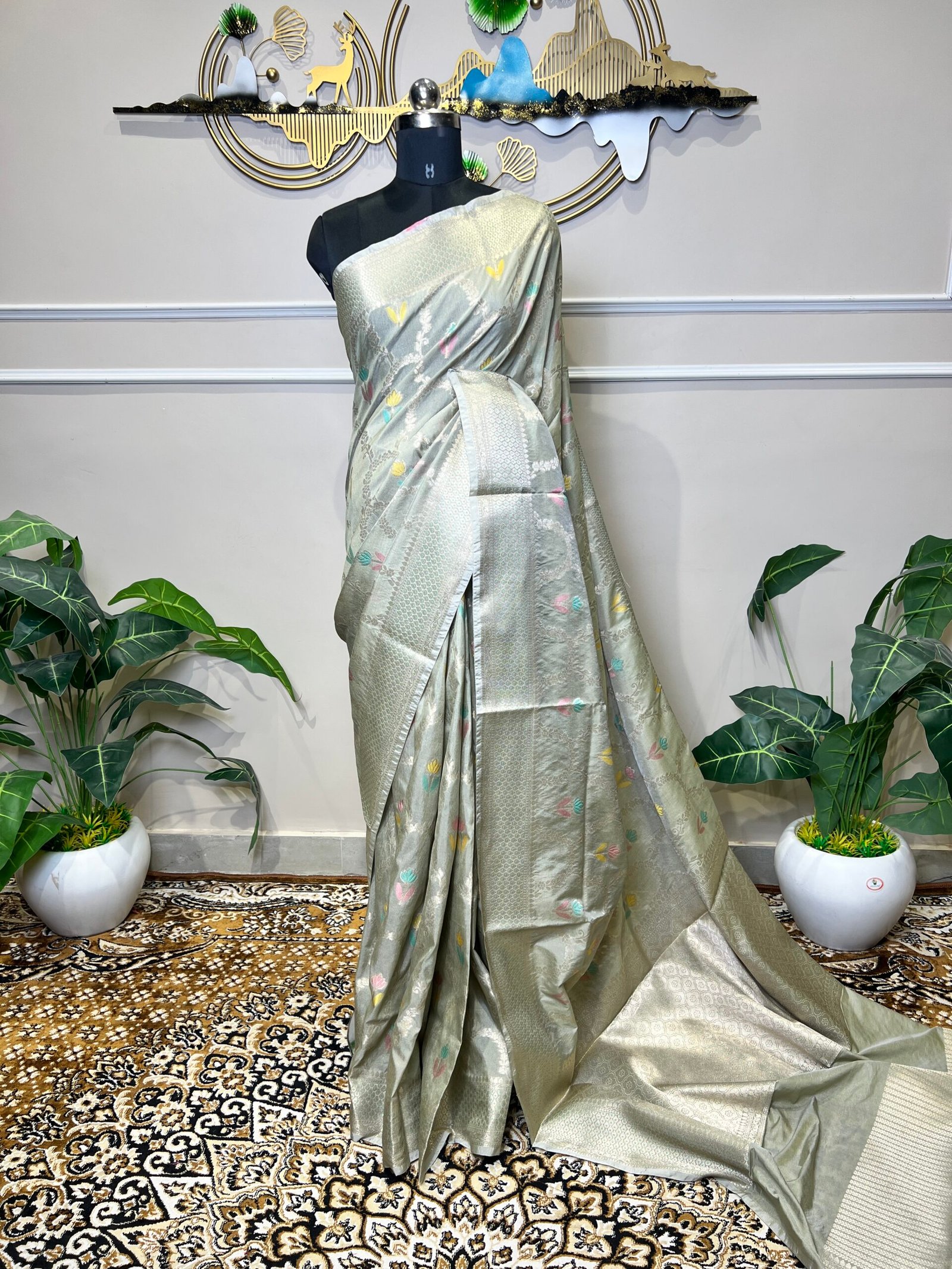 Silver Grey Banarasi Saree with Silver Zari Weaving & Multicolor Floral Butis - Image 2
