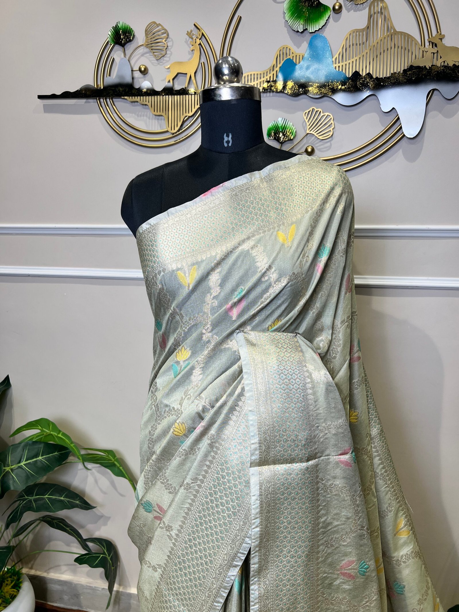Silver Grey Banarasi Saree with Silver Zari Weaving & Multicolor Floral Butis - Image 3