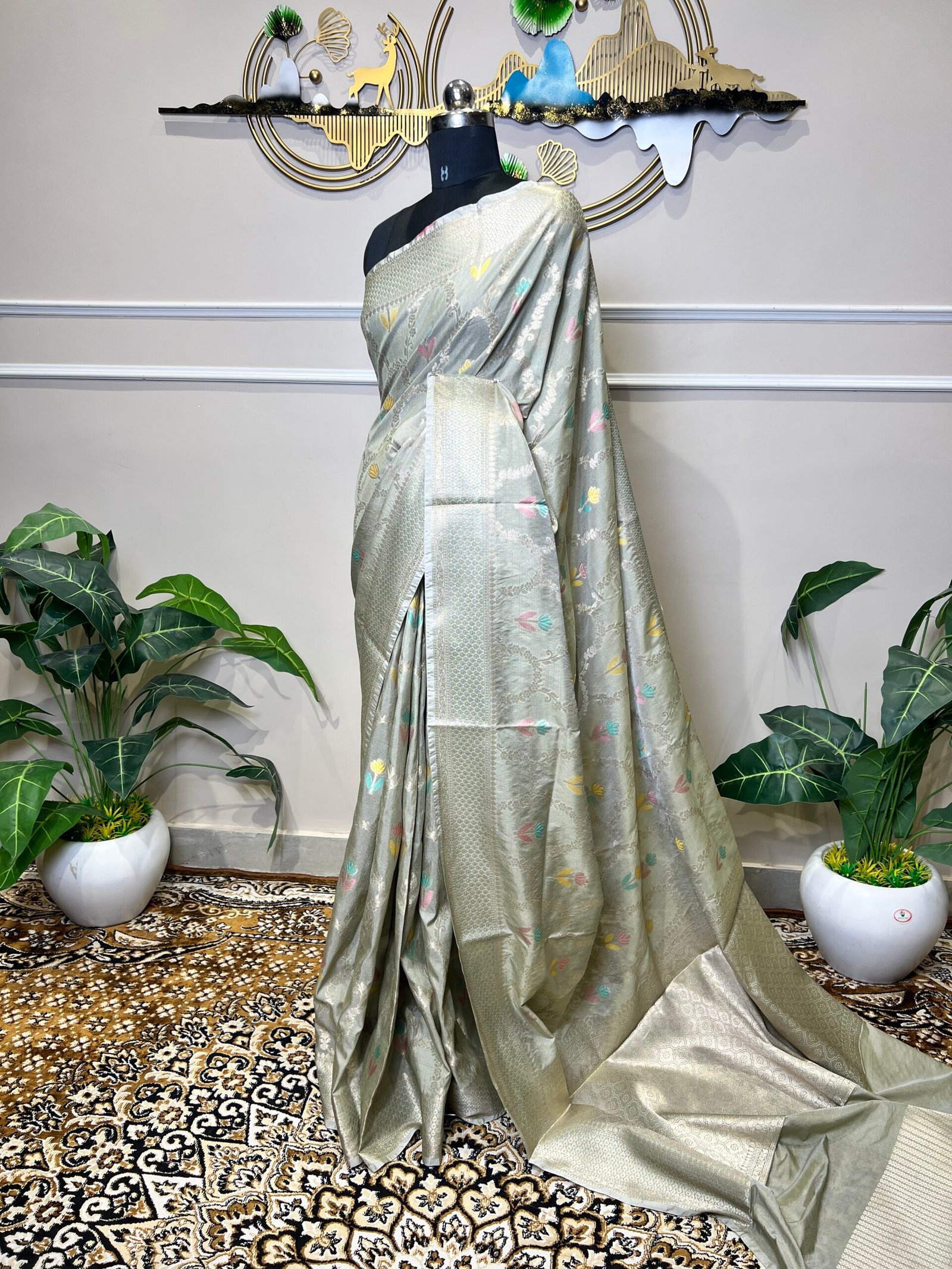 Silver Grey Banarasi Saree with Silver Zari Weaving & Multicolor Floral Butis - Image 5