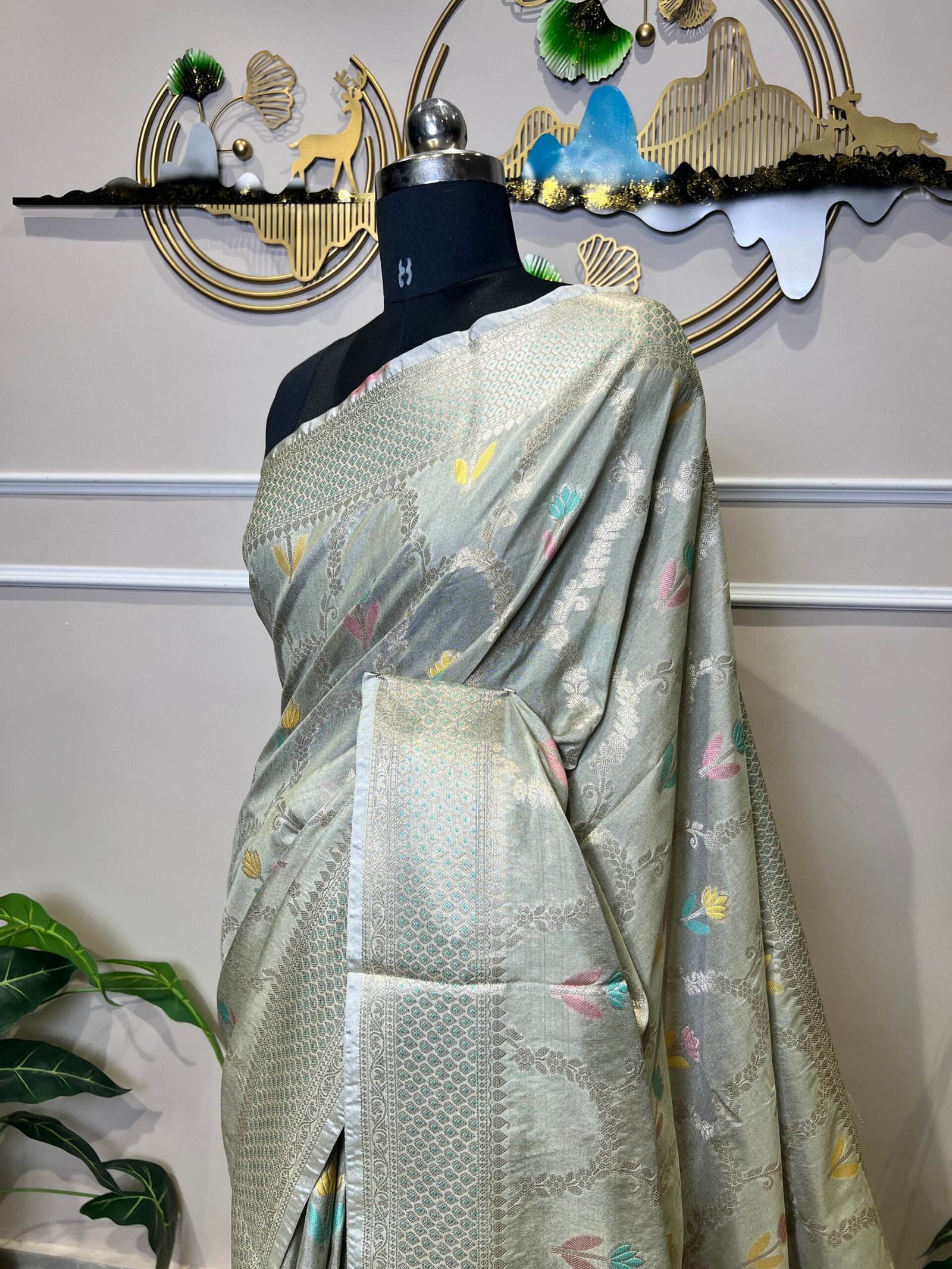 Silver Grey Banarasi Saree with Silver Zari Weaving & Multicolor Floral Butis - Image 6