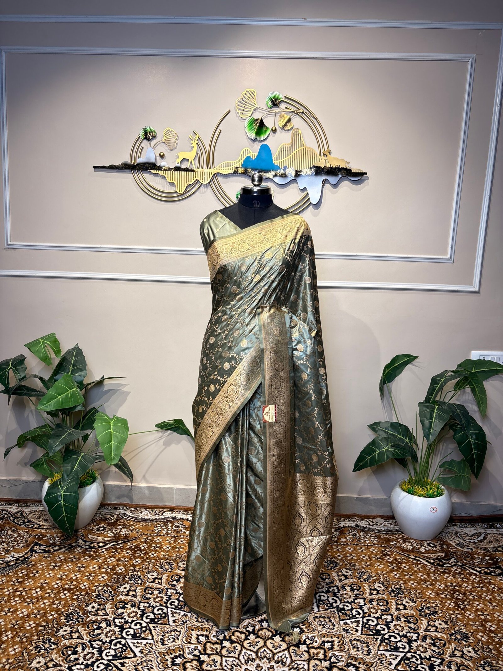 Sage Green Pure Banarasi Katan Silk Saree with Gold Zari Floral Jaal - Image 2