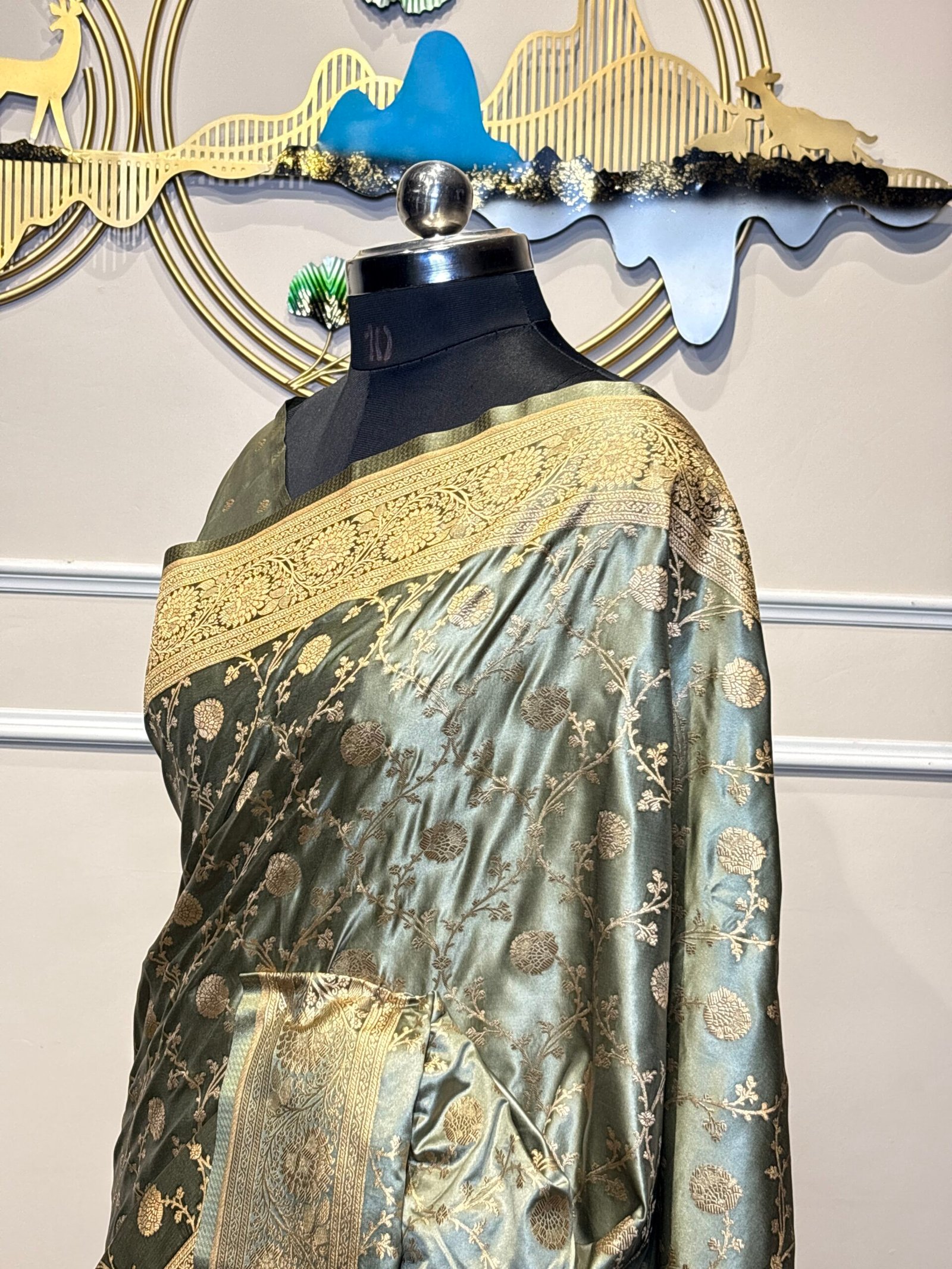 Sage Green Pure Banarasi Katan Silk Saree with Gold Zari Floral Jaal - Image 5