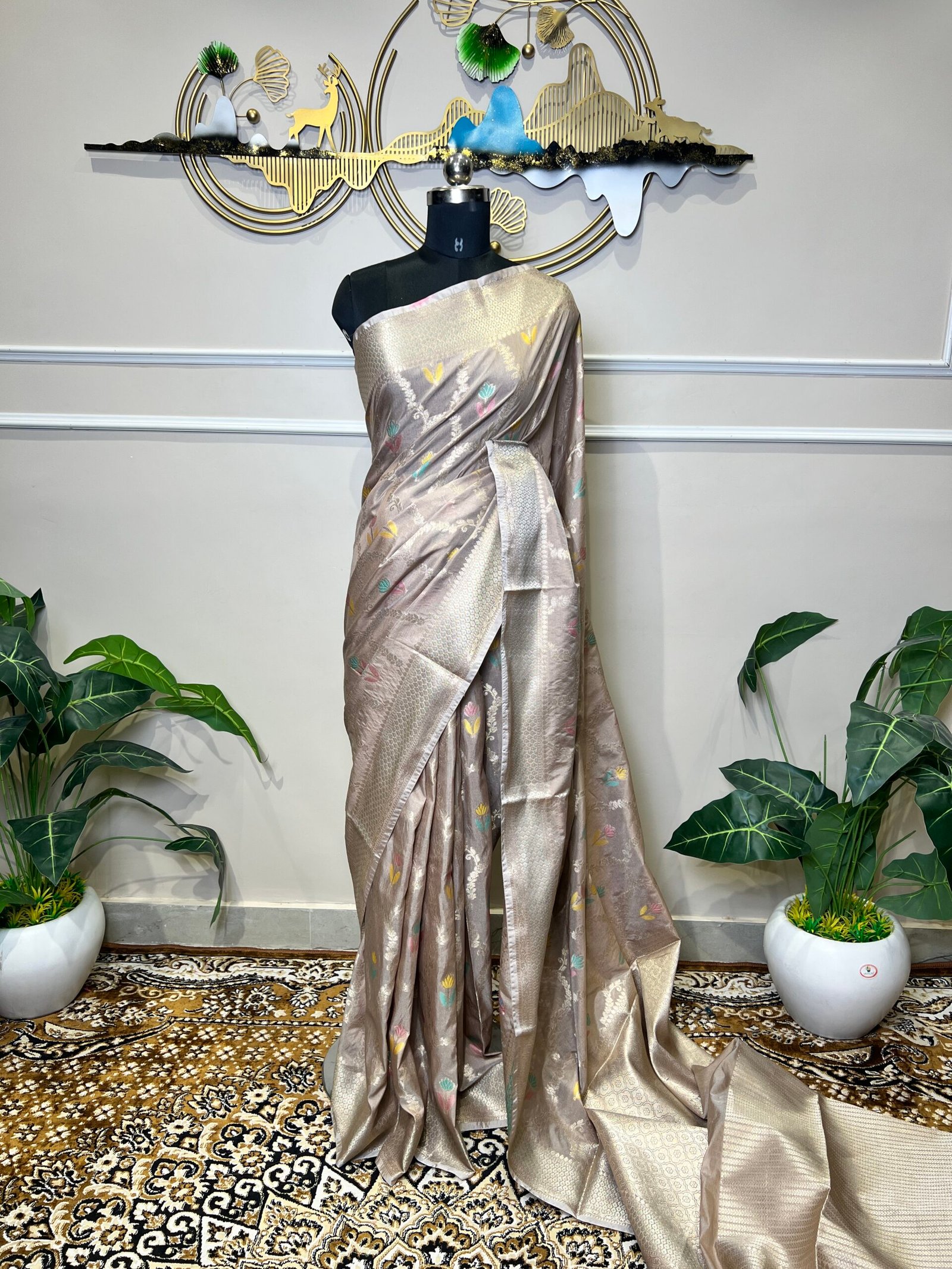 Taupe Grey Banarasi Saree with Silver Zari Weaving & Multicolor Floral Butis - Image 2