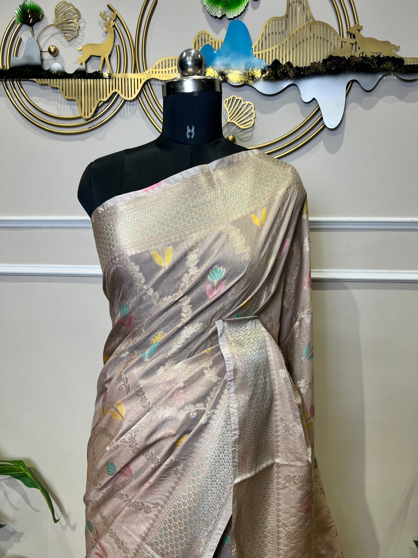 Taupe Grey Banarasi Saree with Silver Zari Weaving & Multicolor Floral Butis - Image 4